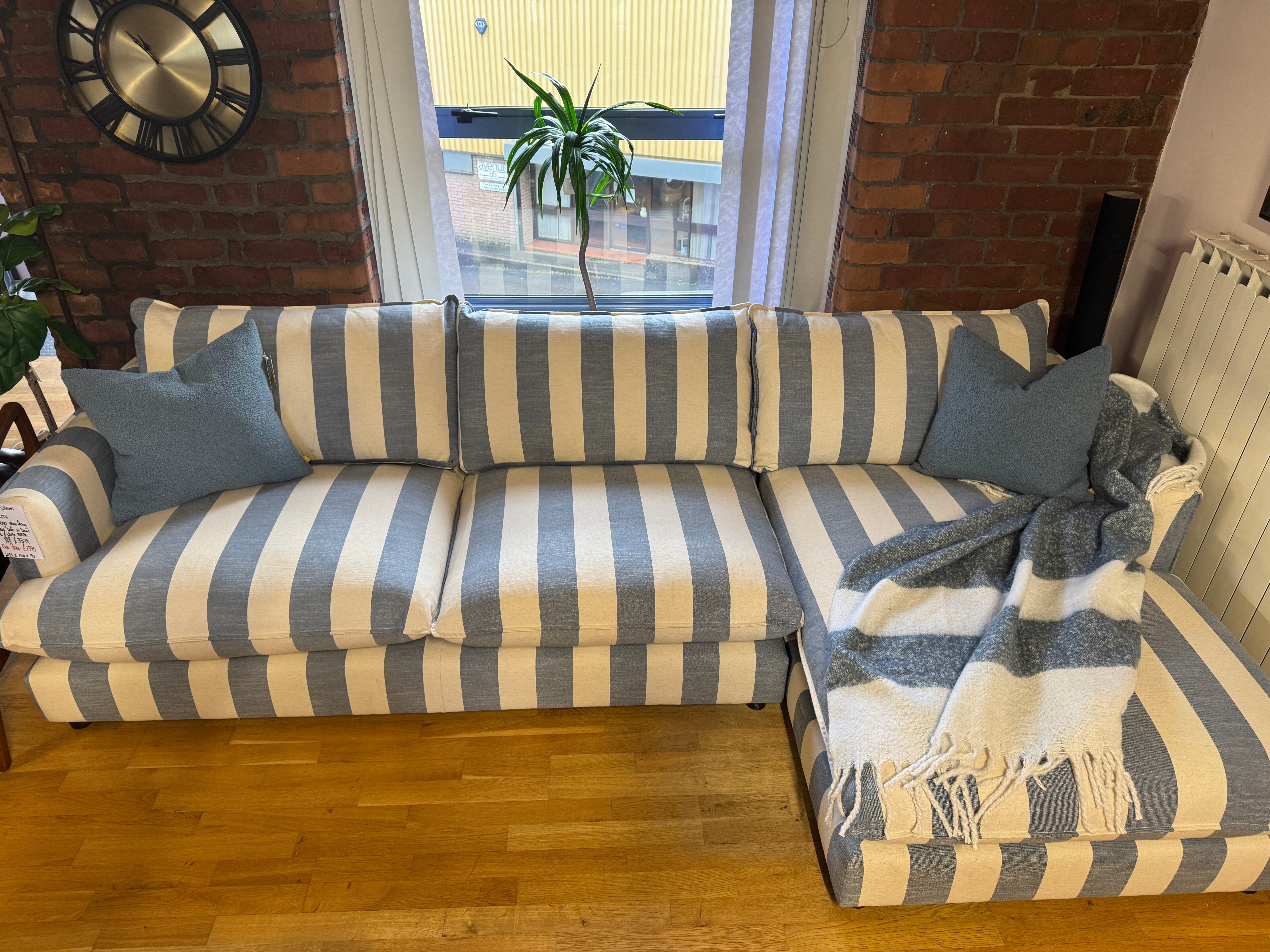 Howth XL Right facing chaise sofa in denim blue & white stripe fabric