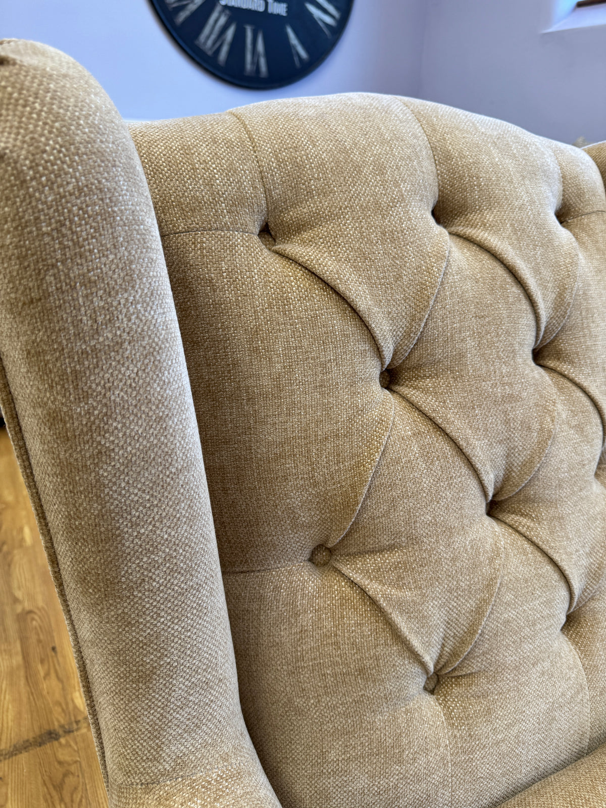 Heather high button back winged armchair in Marni Toffee chenille