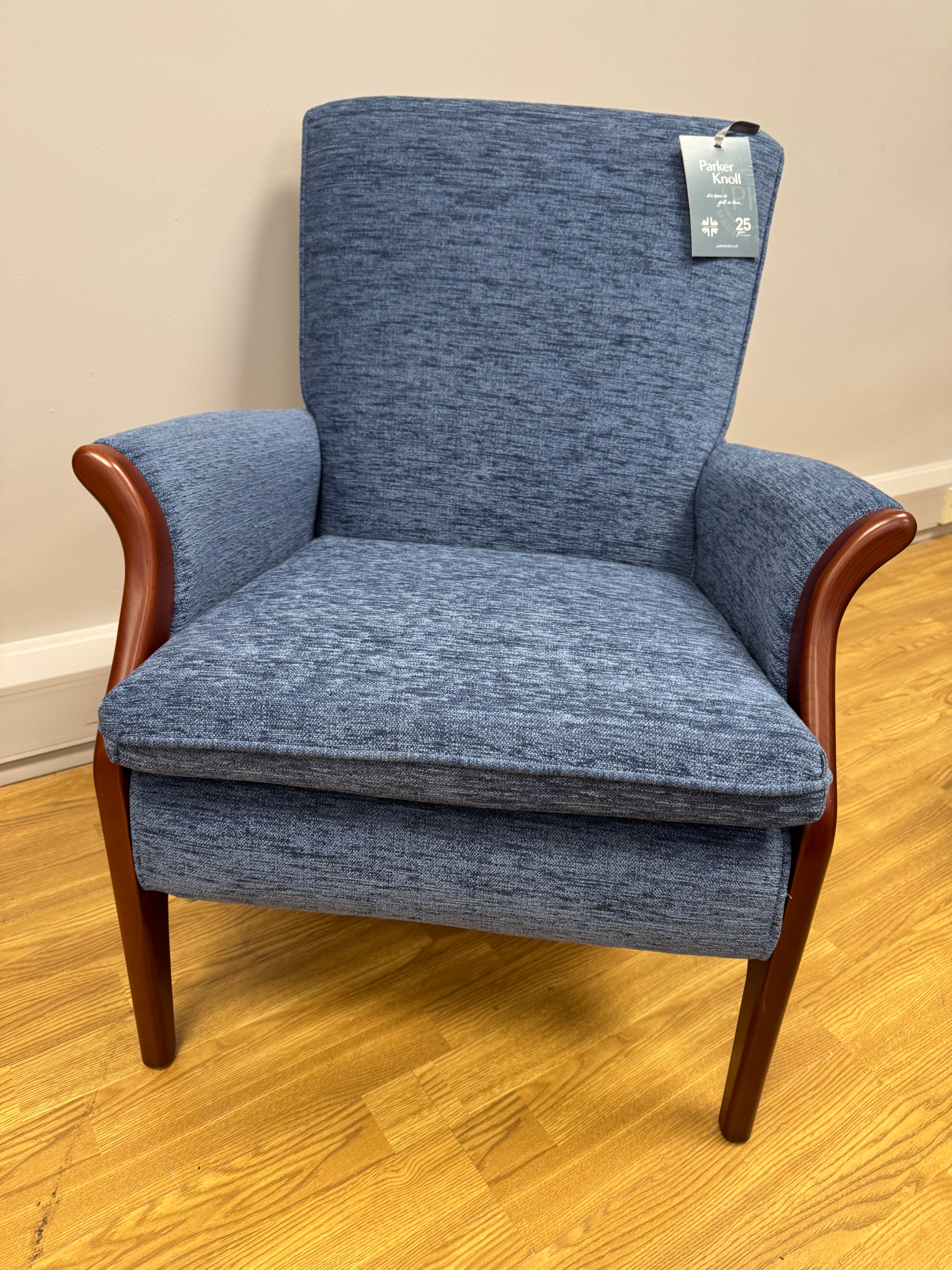 Parker Knoll Froxfield fireside chair in marine blue fabric with cherry wood frame