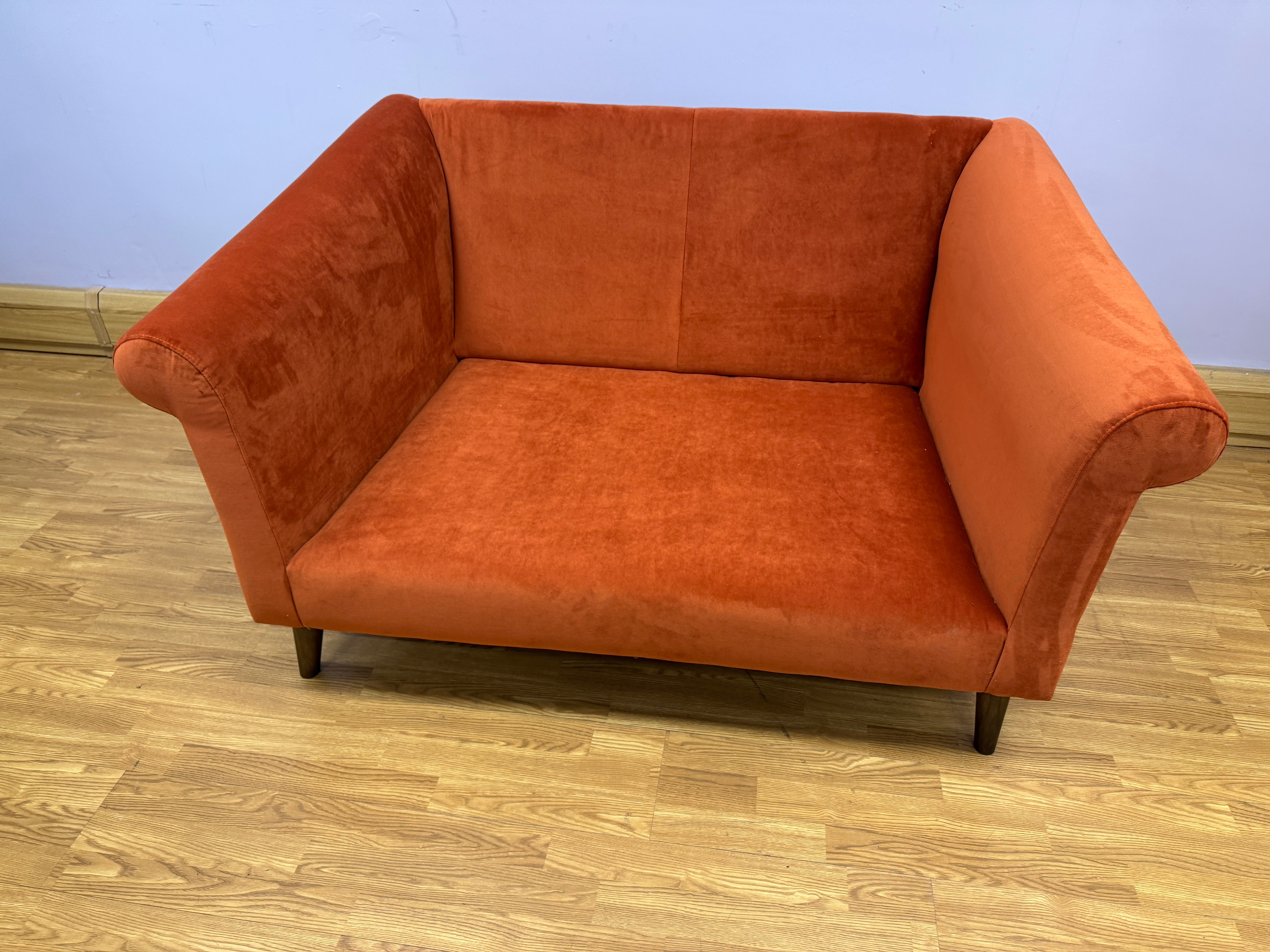Oskar large loveseat in plush Marmalade orange velvet fabric