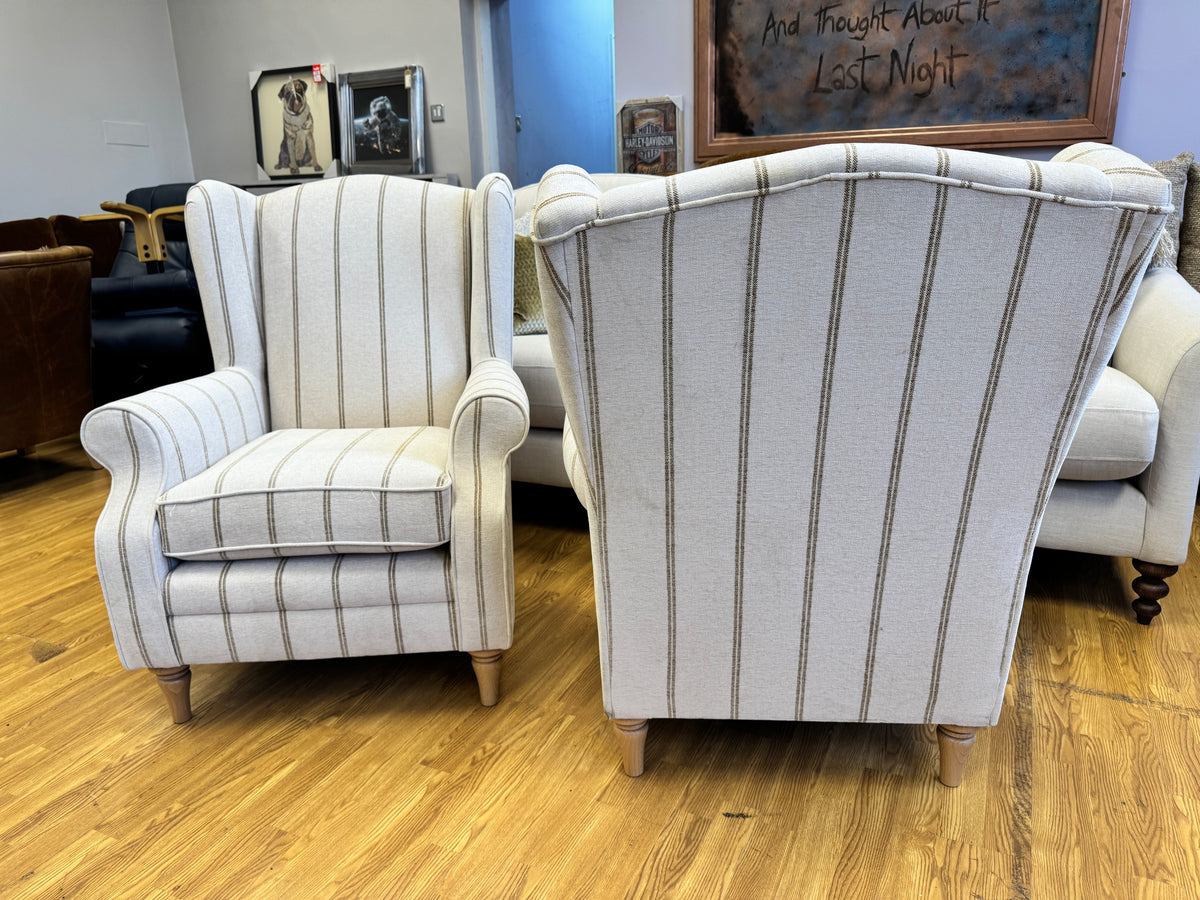 Heather high back winged armchair in natural & honey striped chenille
