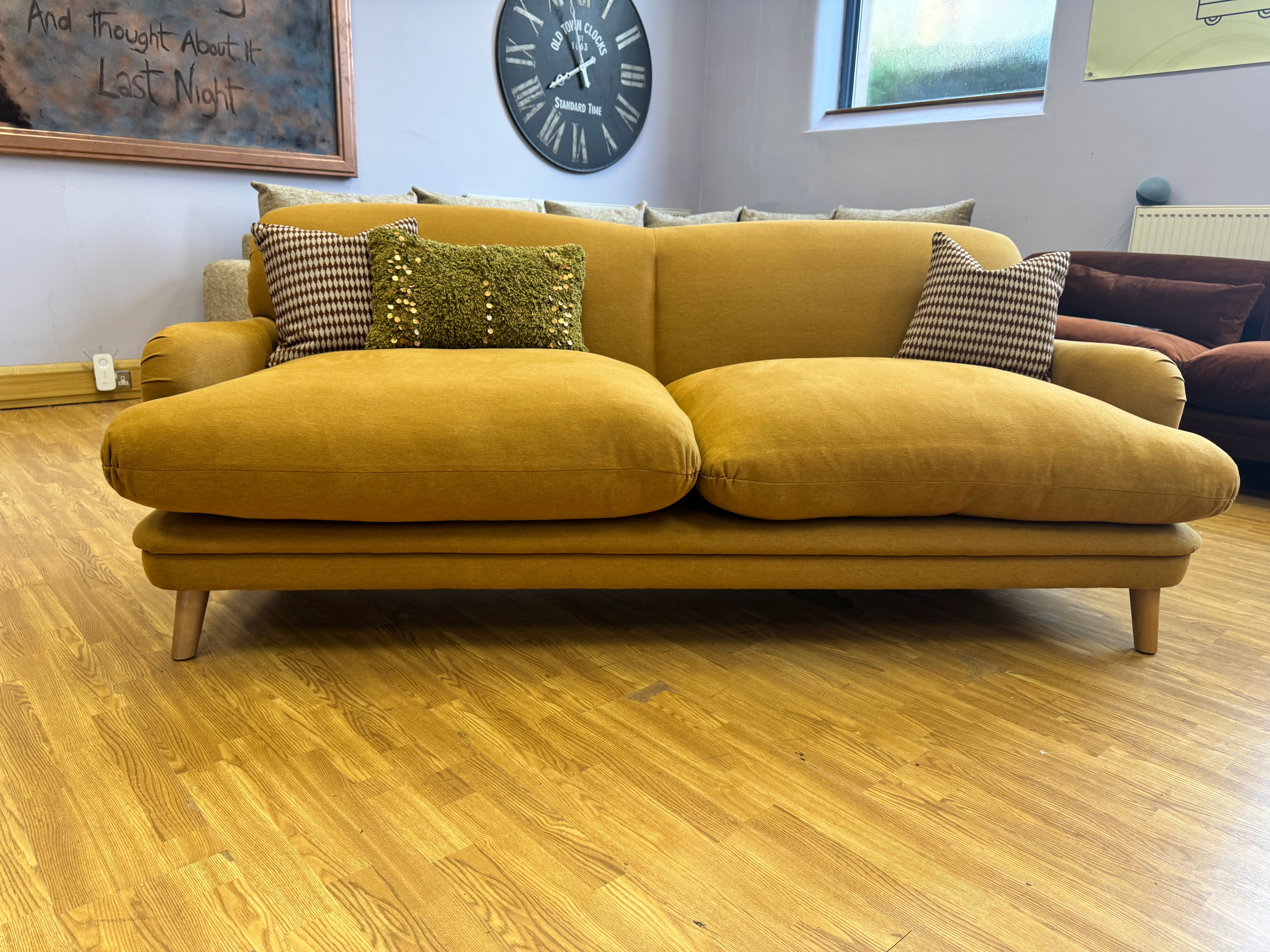Pudding large sprung back 3 seater sofa in Treacle Tart Yellow (mustard) Linen