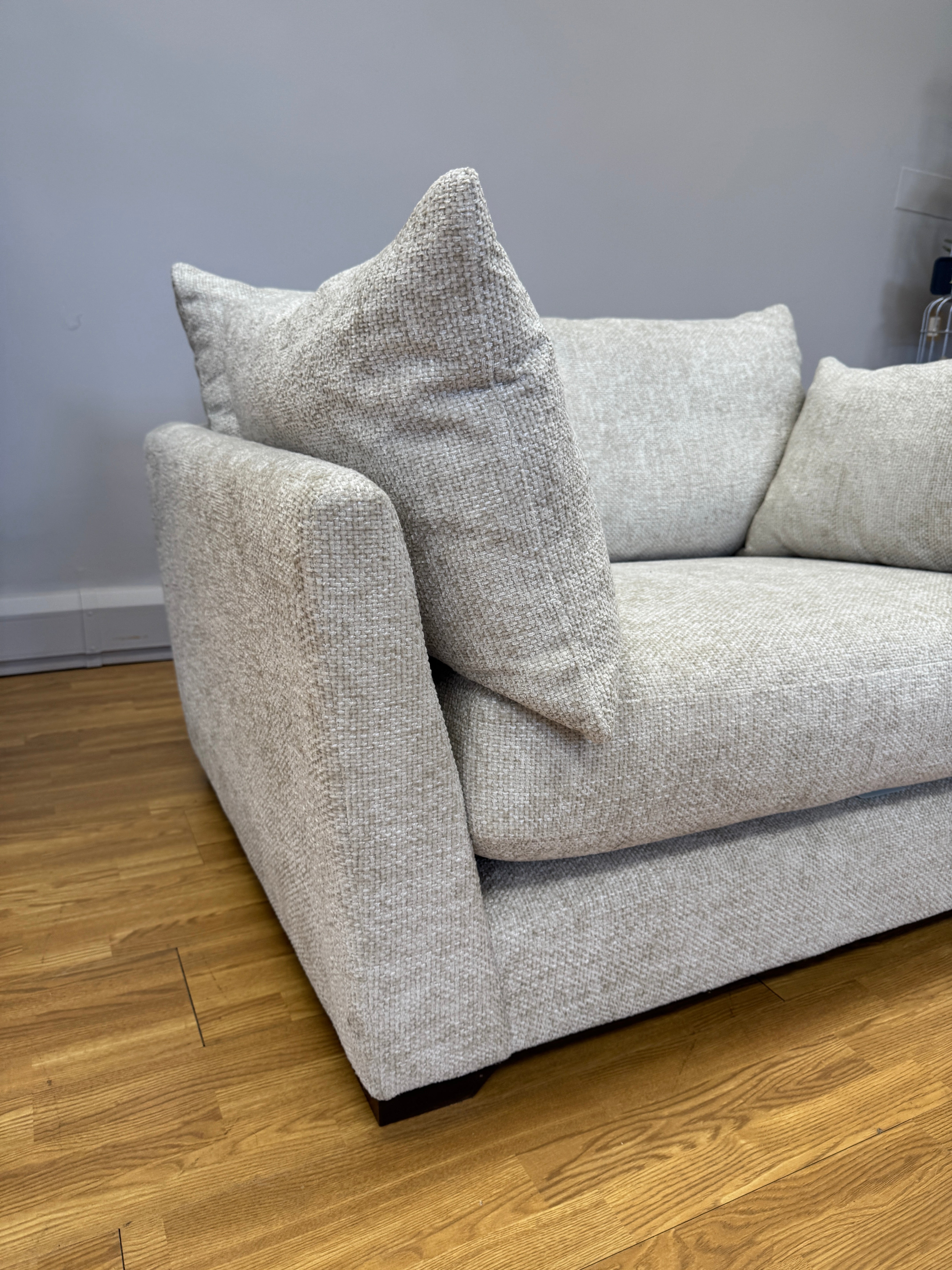 Sofology Tallulah loveseat in basketweave cream all over chenille weave fabric