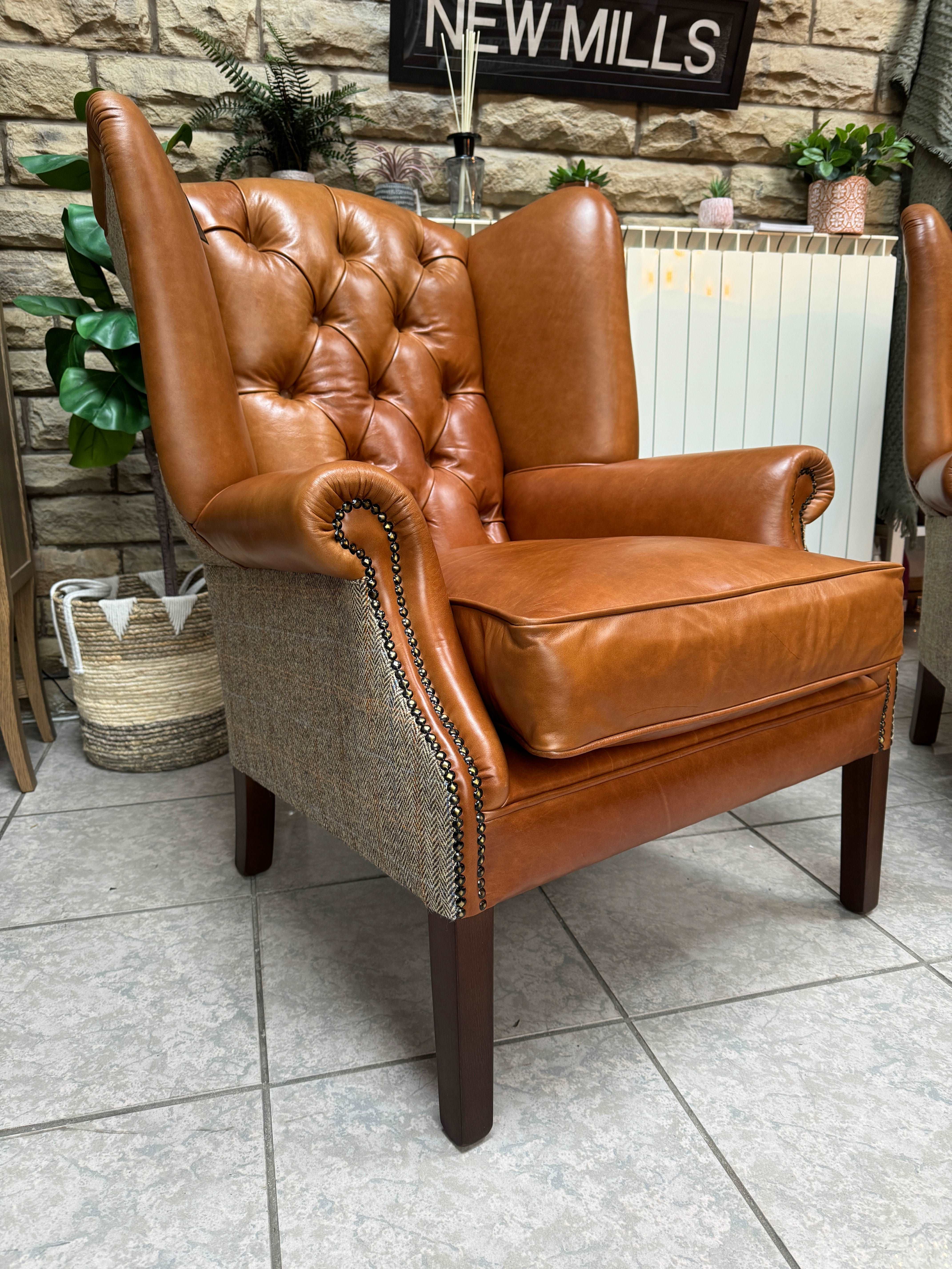 BUCKINGHAM Wing Armchair in Half Dark Caramel Leather & Harris Tweed fabric