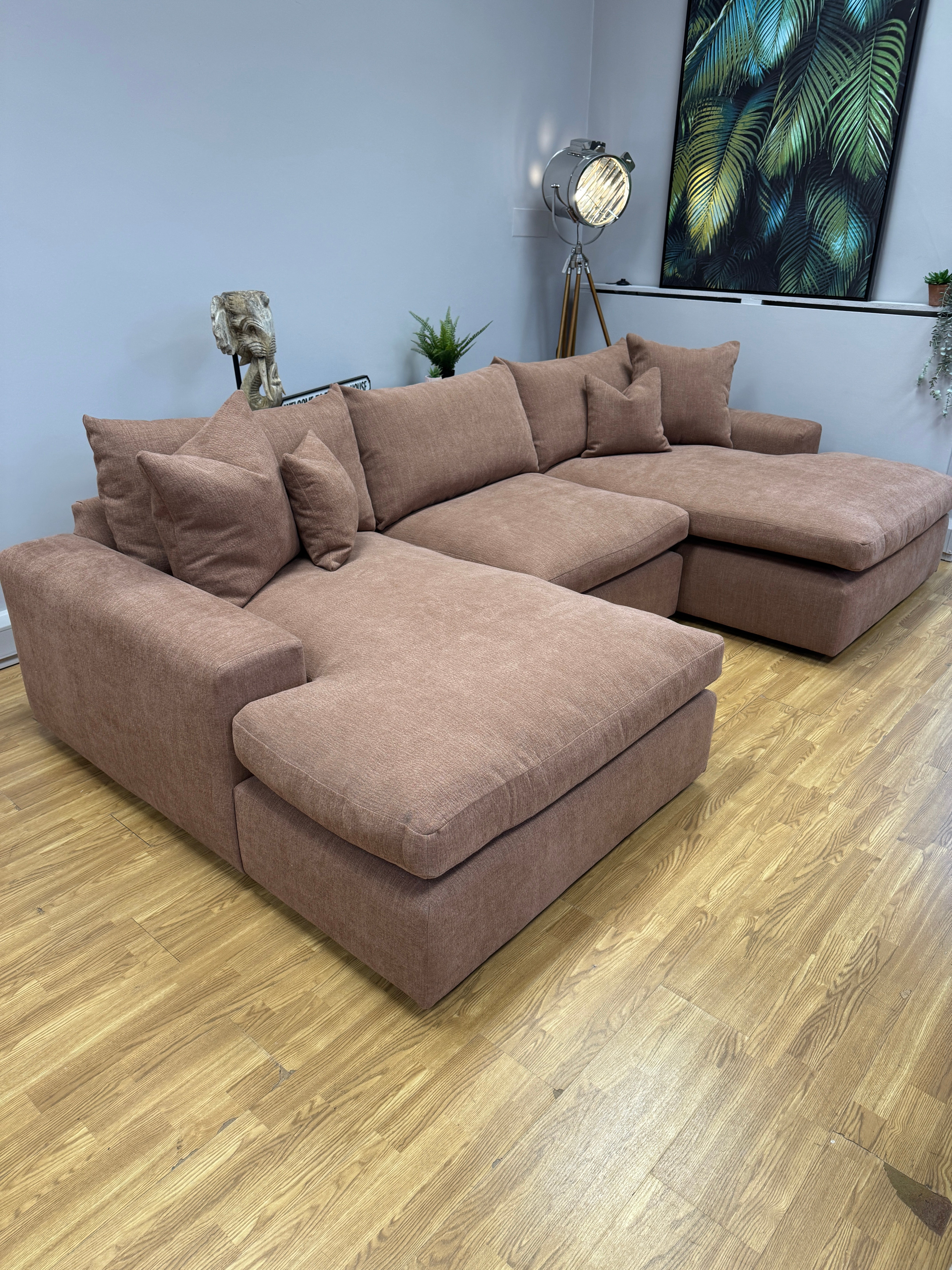 Penthouse 3 piece cinema style U shape corner sofa & footstool in Dusk Cinnamon fabric