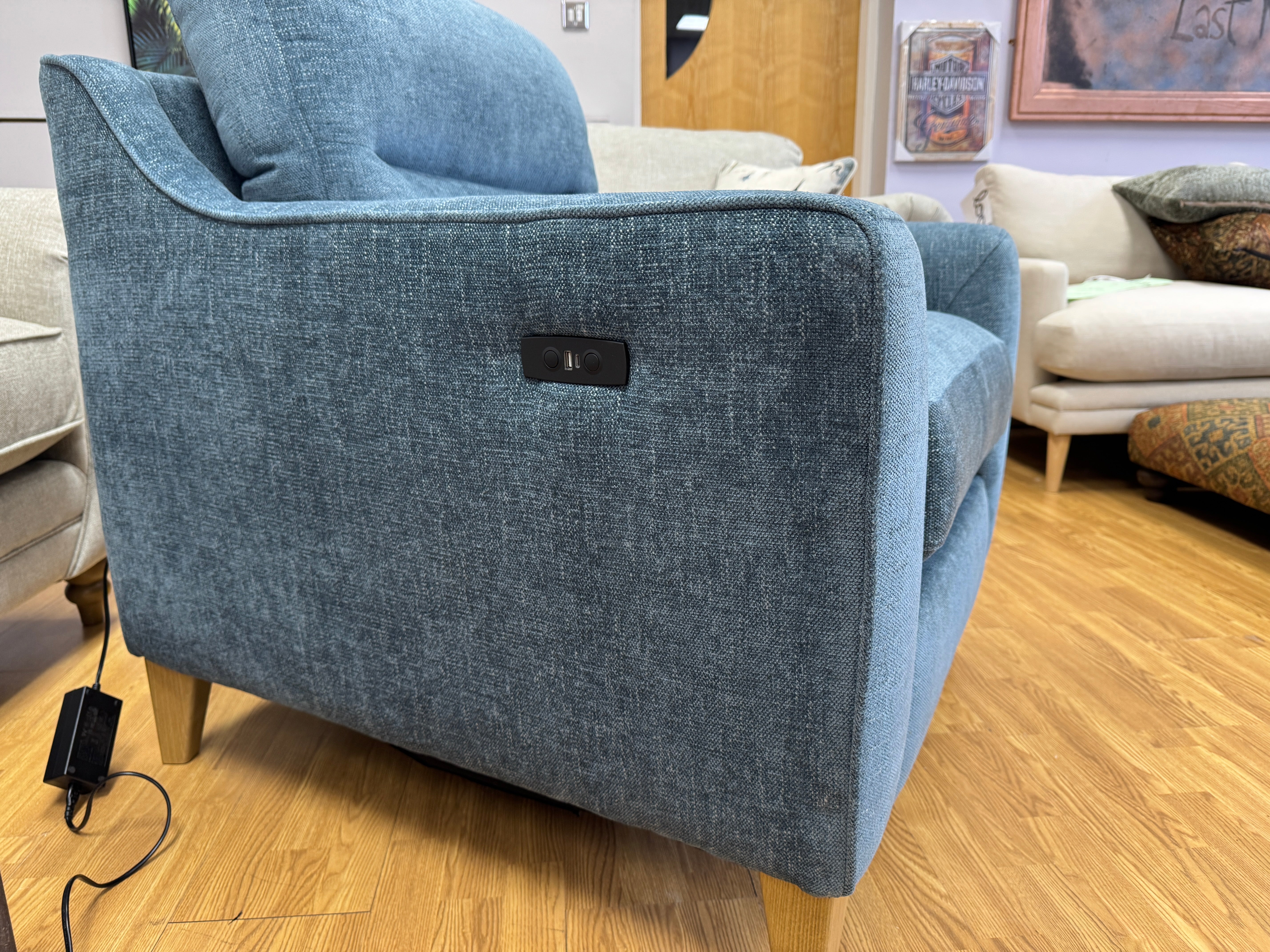 Alice Easy Lounger accent chair with electric footrest in Marlon Atlantic blue fabric