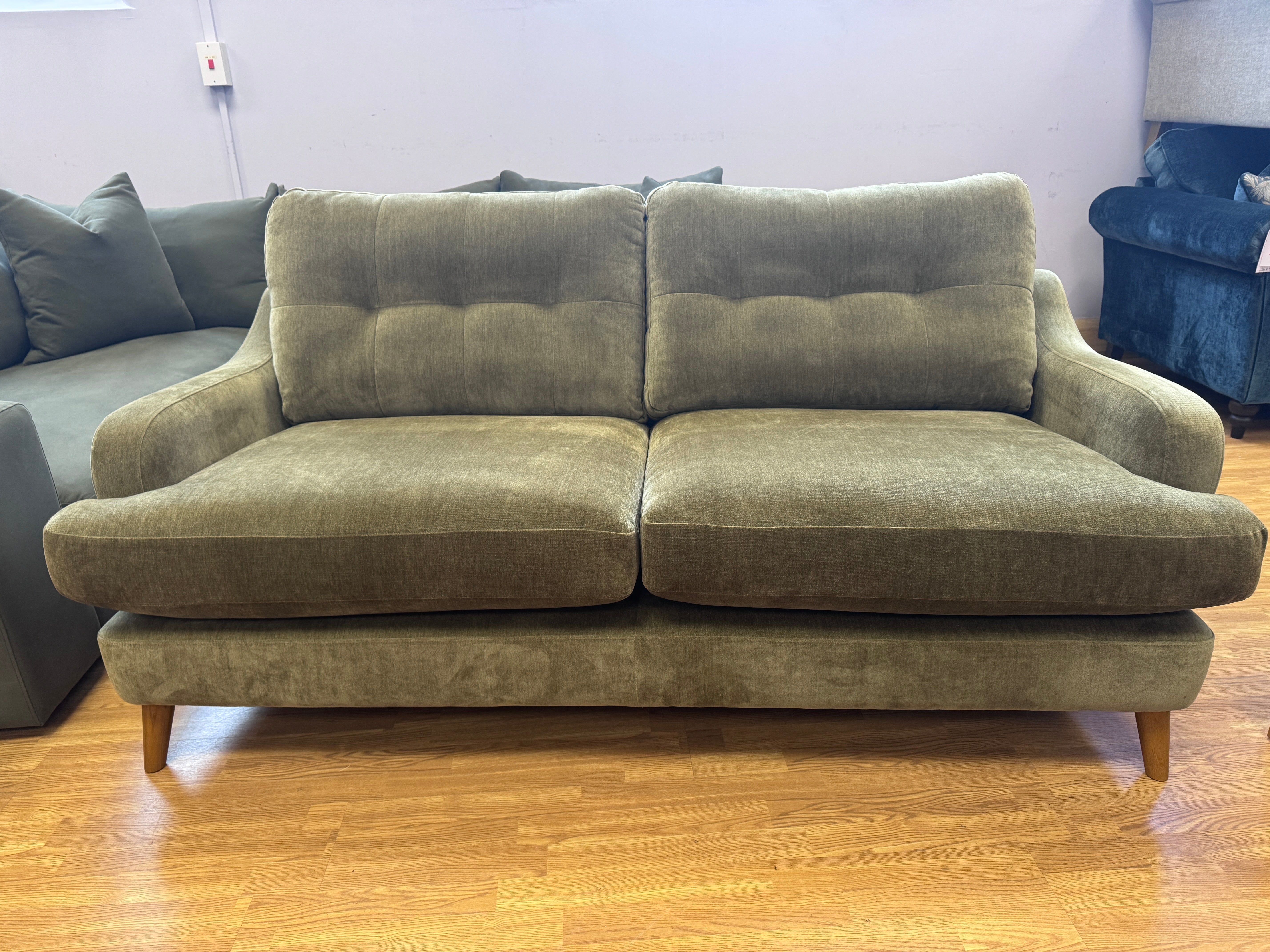 Rowen 3 seater standard back sofa in khaki green soft chenille fabric