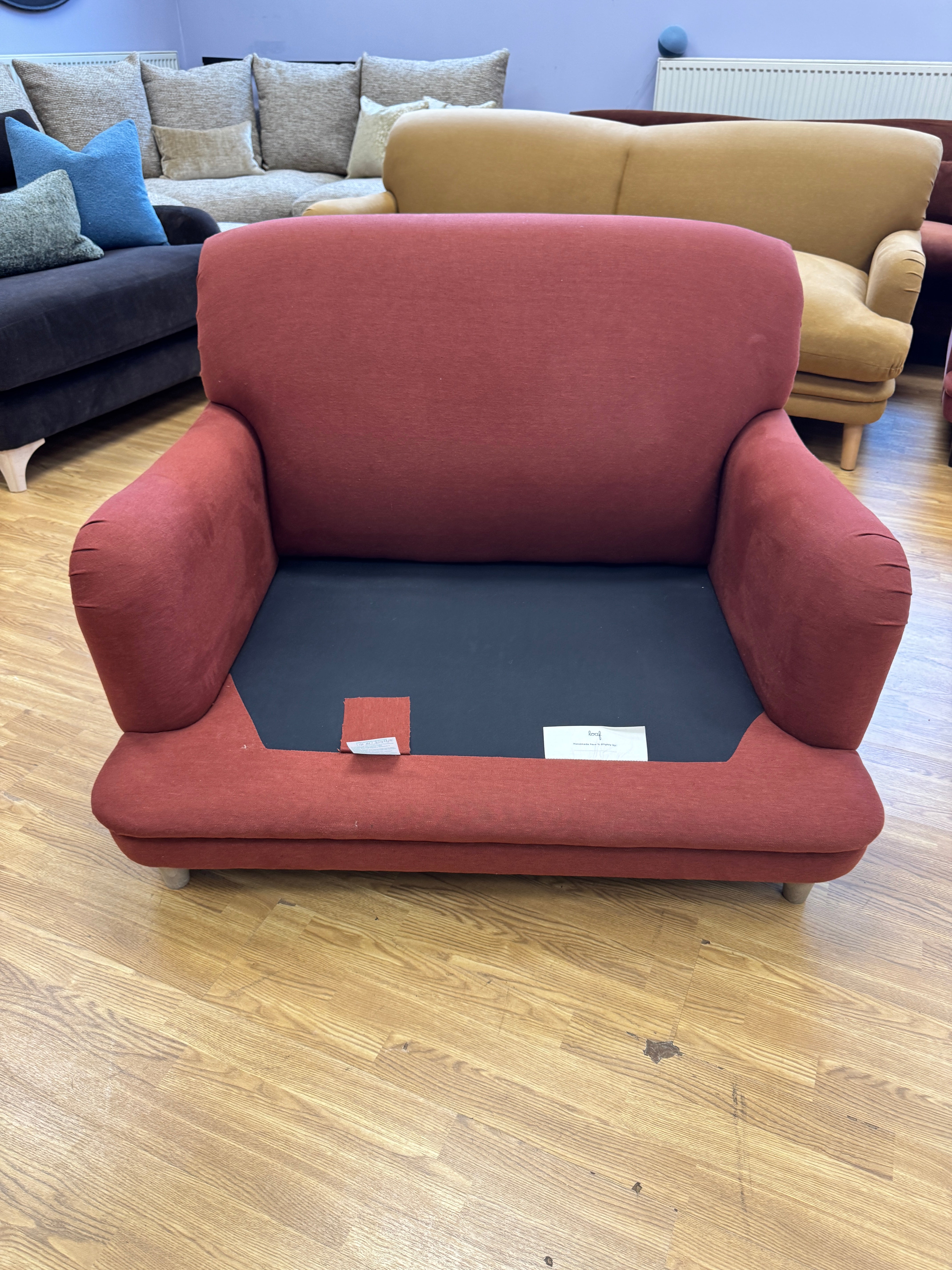 Pudding Loveseat in Quince Jam Red Linen fabric