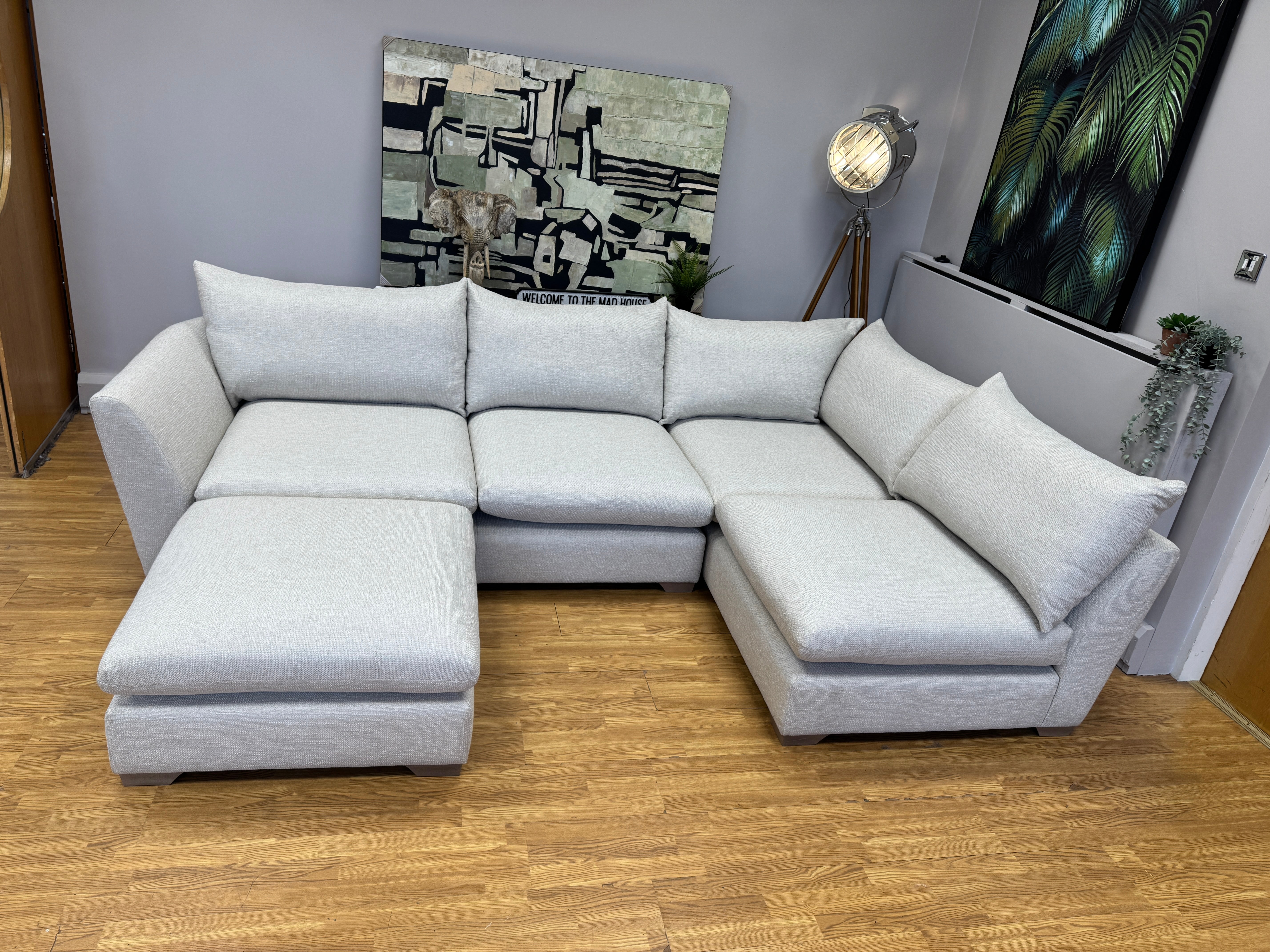 Hampton 3 piece right facing corner sofa & footstool in natural soft weave