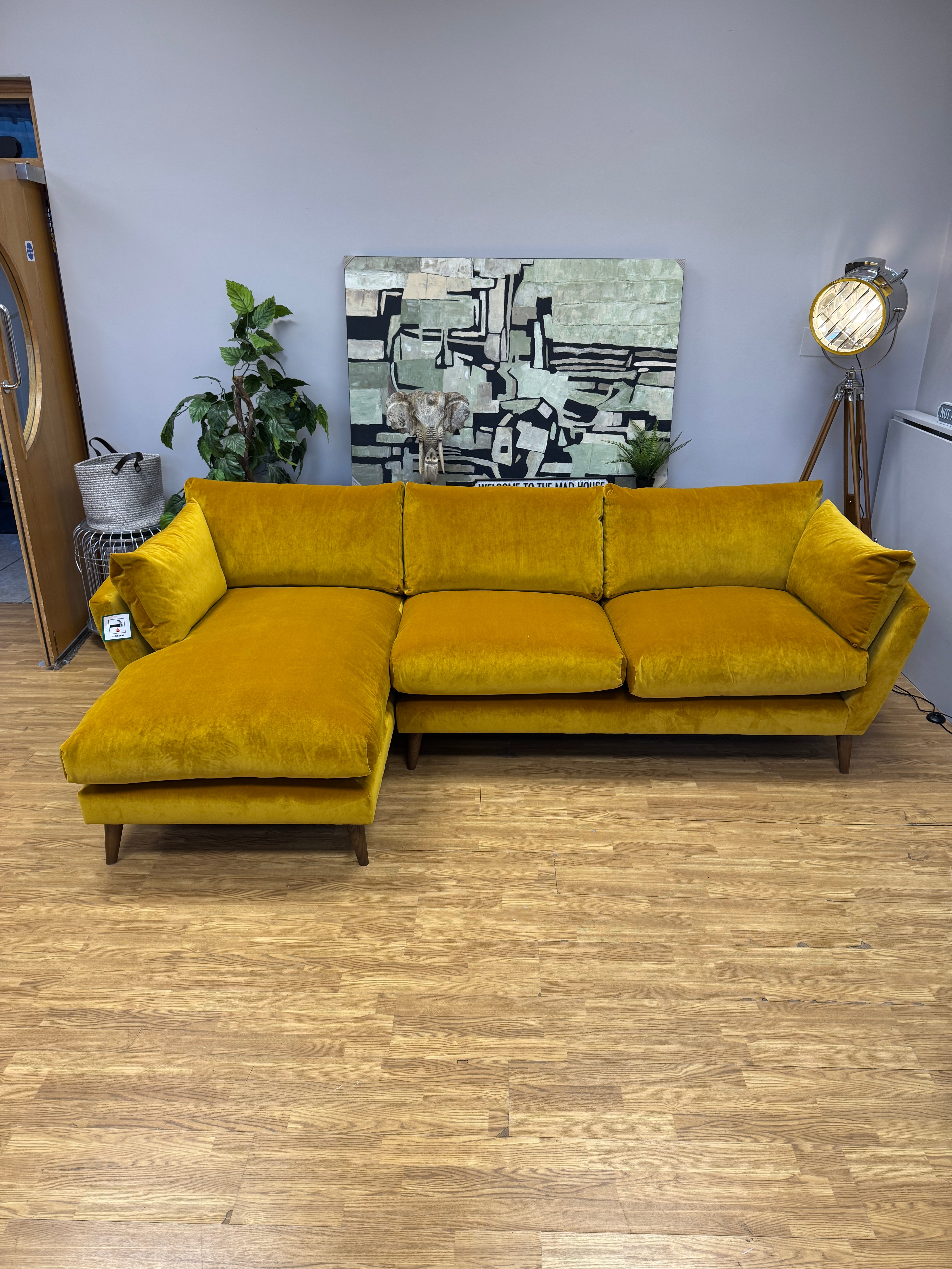 Groover left facing 2 piece chaise sofa in Butterscotch clever velvet