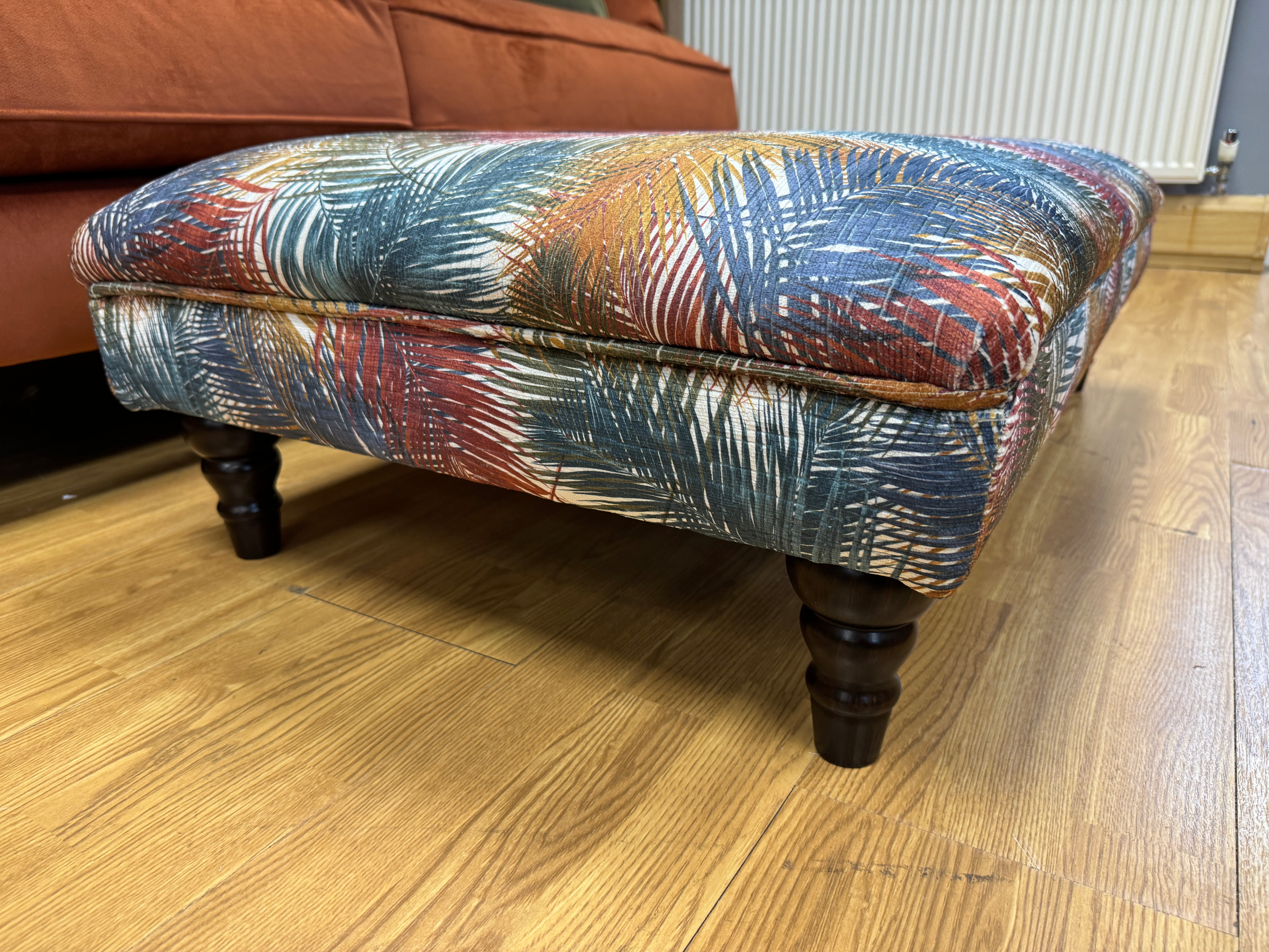 BEATRIX low bench style Footstool in tropical leaf print velvet