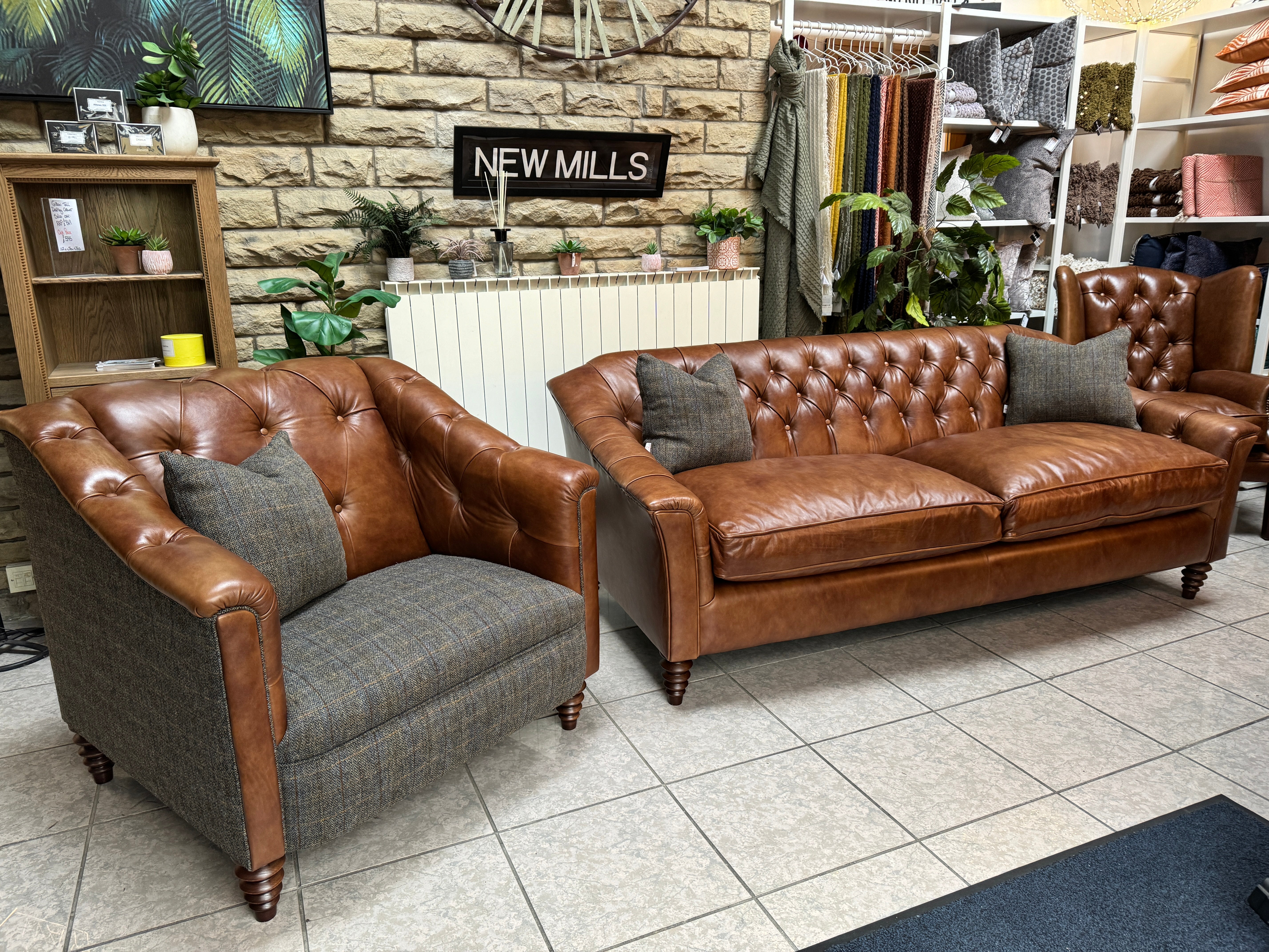 PLANTATION large Buttoned Back Armchair in Antique Whiskey Brown Leather & Harris Tweed fabric