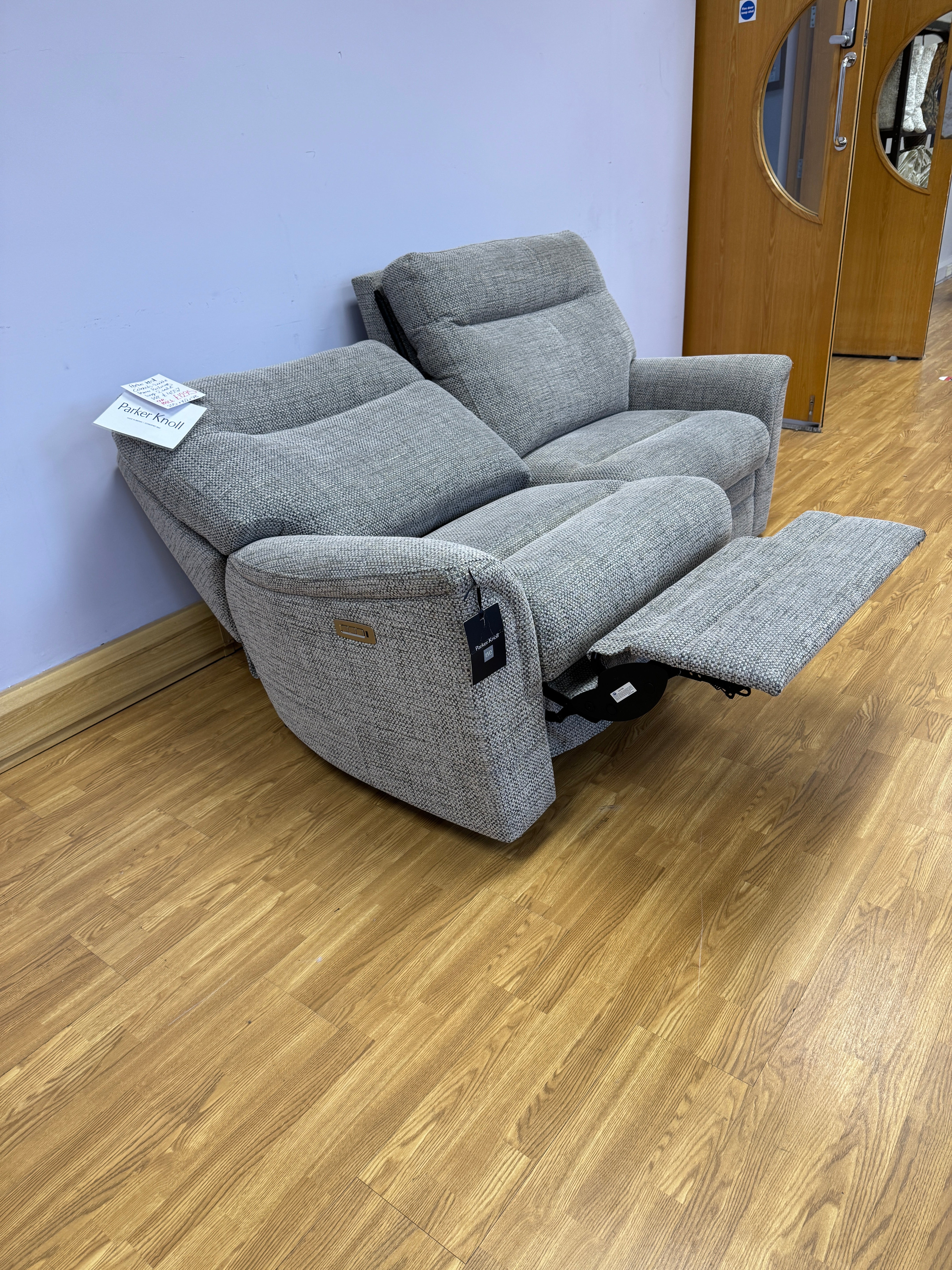 Parker Knoll Colorado split 3 seater electric reclining sofa with lumbar support in mid grey mix weave fabric