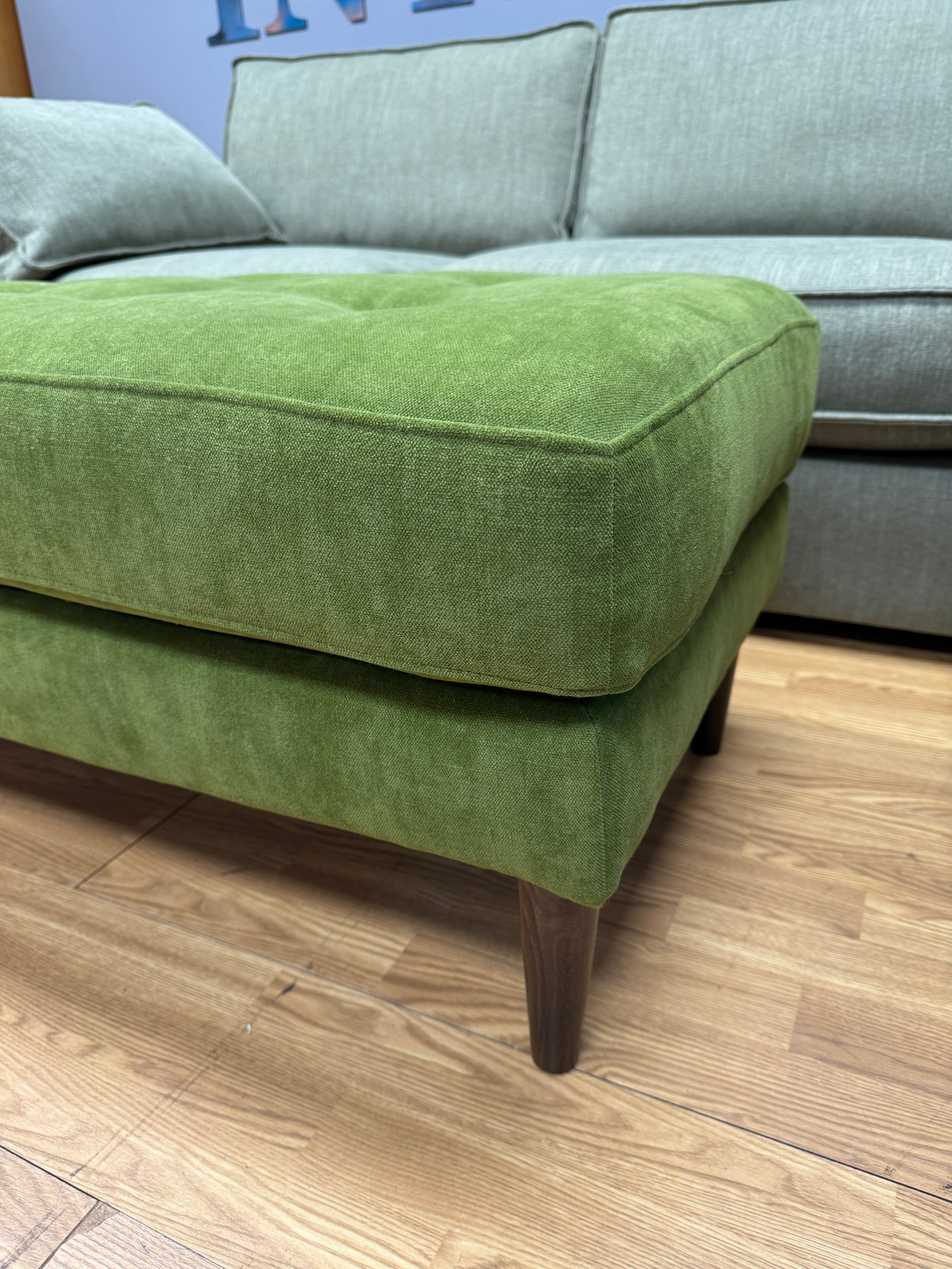 Orla Kiely Sample bench style button top footstool in apple green velvet fabric RRP £399