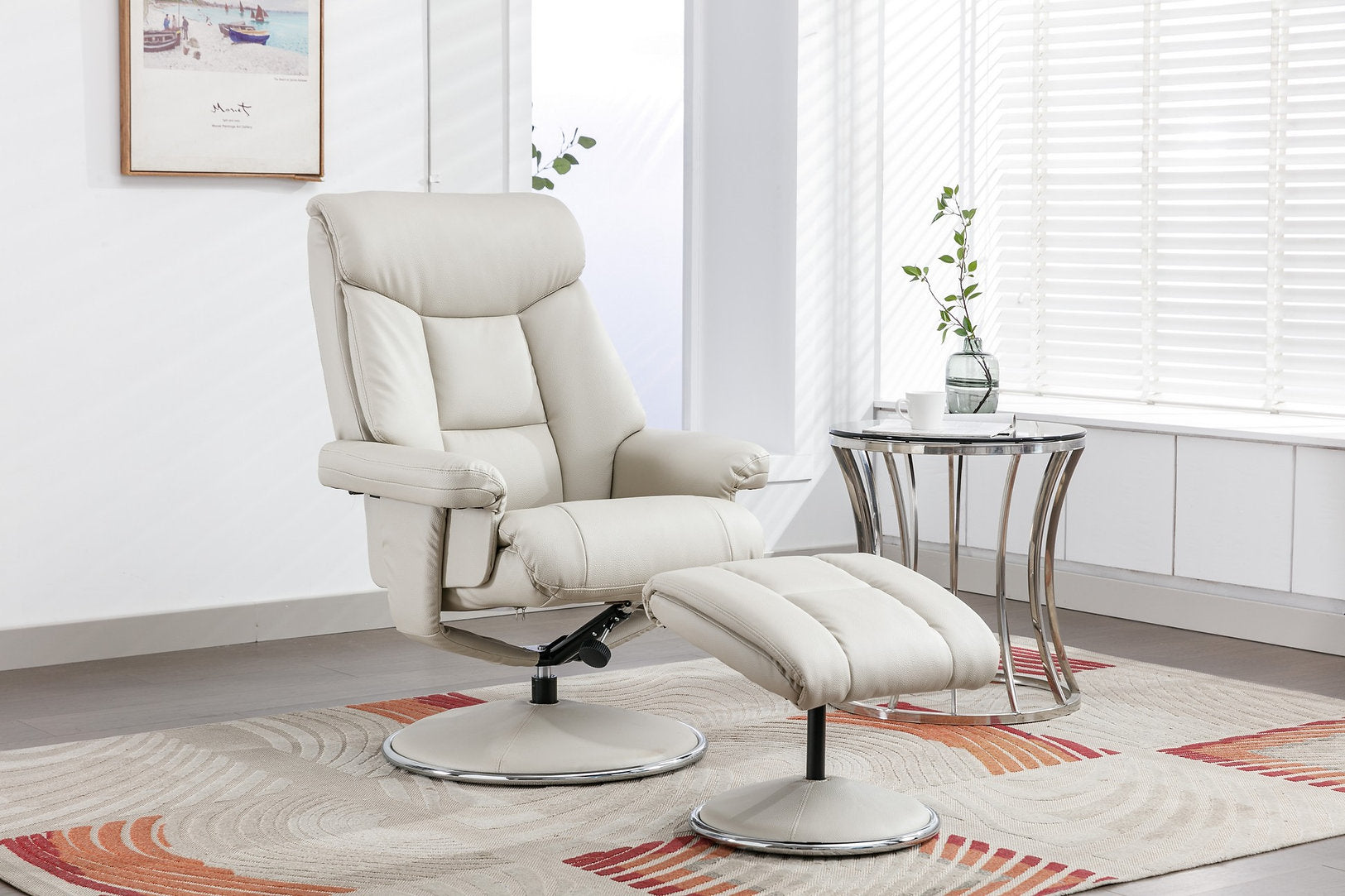 Biarritz swivel manual reclining accent chair & matching footstool in Plush Faux leather