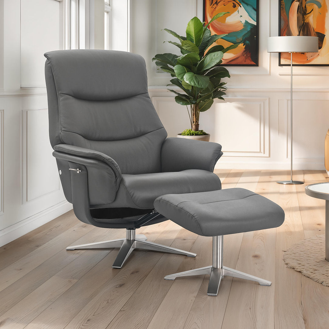 Hudson swivel manual reclining accent chair & matching footstool in plush leather