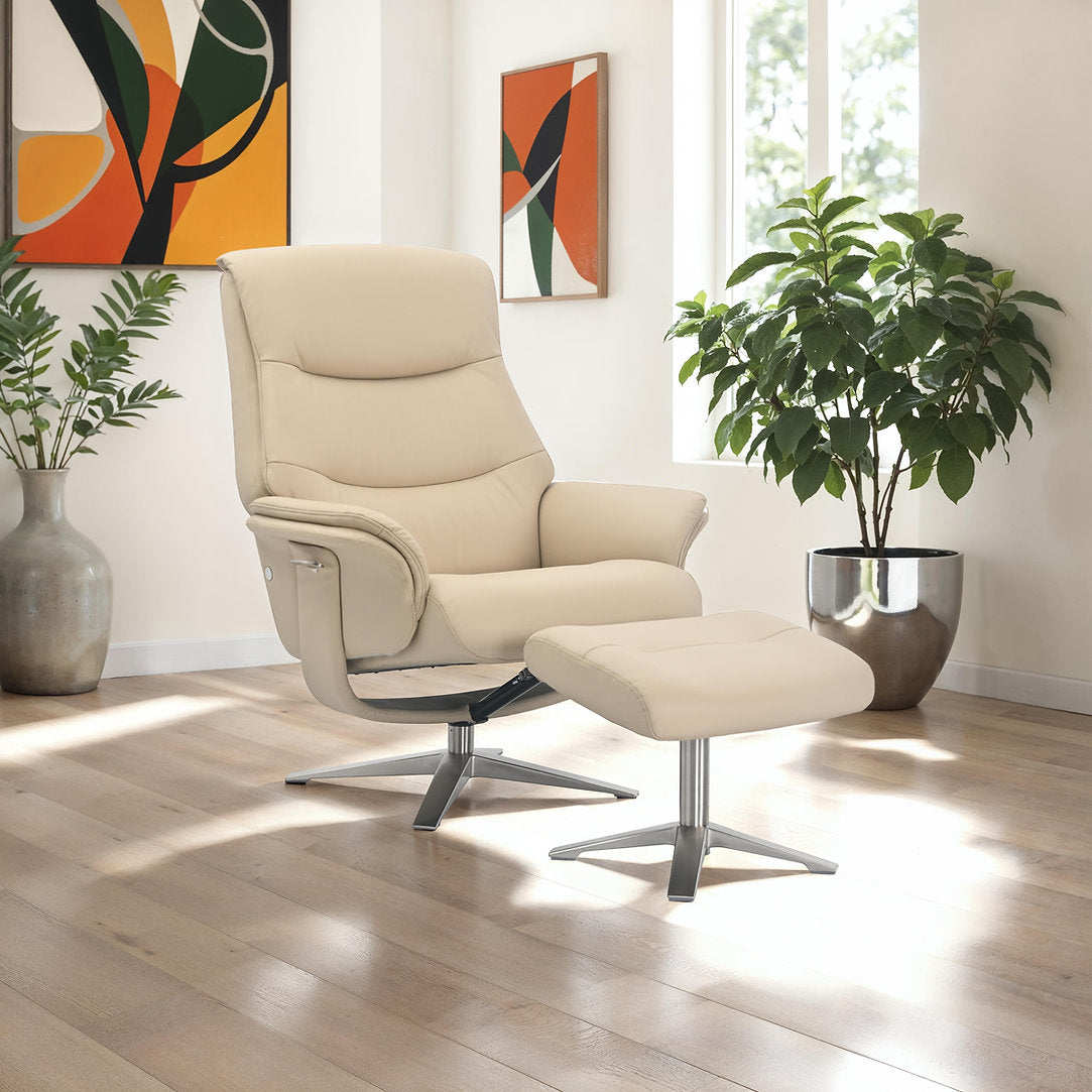 Hudson swivel manual reclining accent chair & matching footstool in plush leather