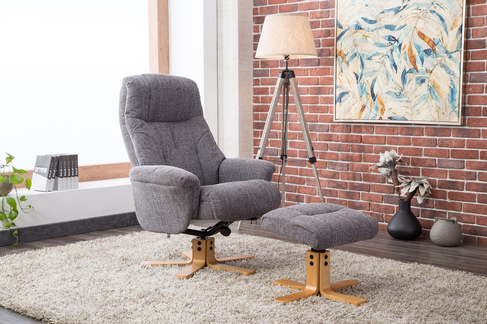 Dubai swivel manual reclining accent chair & matching footstool in Lisbon textured weave fabric