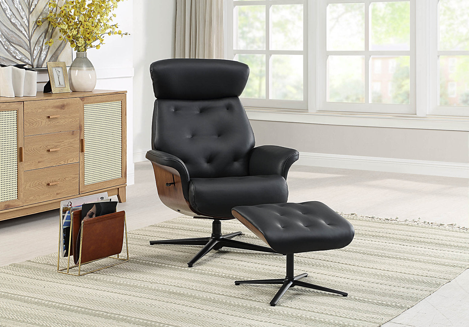 Nordic swivel manual reclining accent chair & matching footstool in plush leather