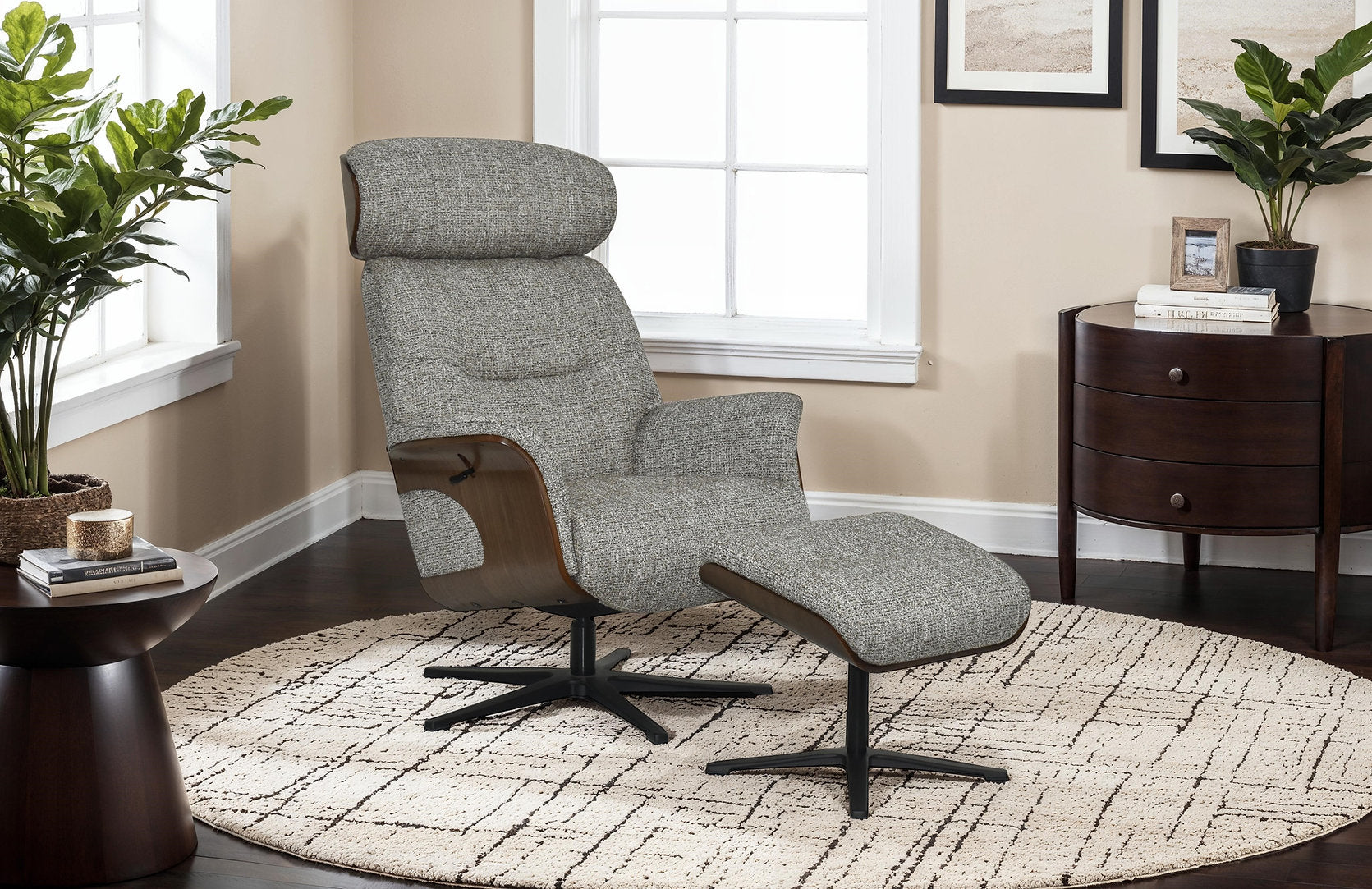 Wren swivel manual reclining accent chair & matching footstool in plush fabric & walnut sides