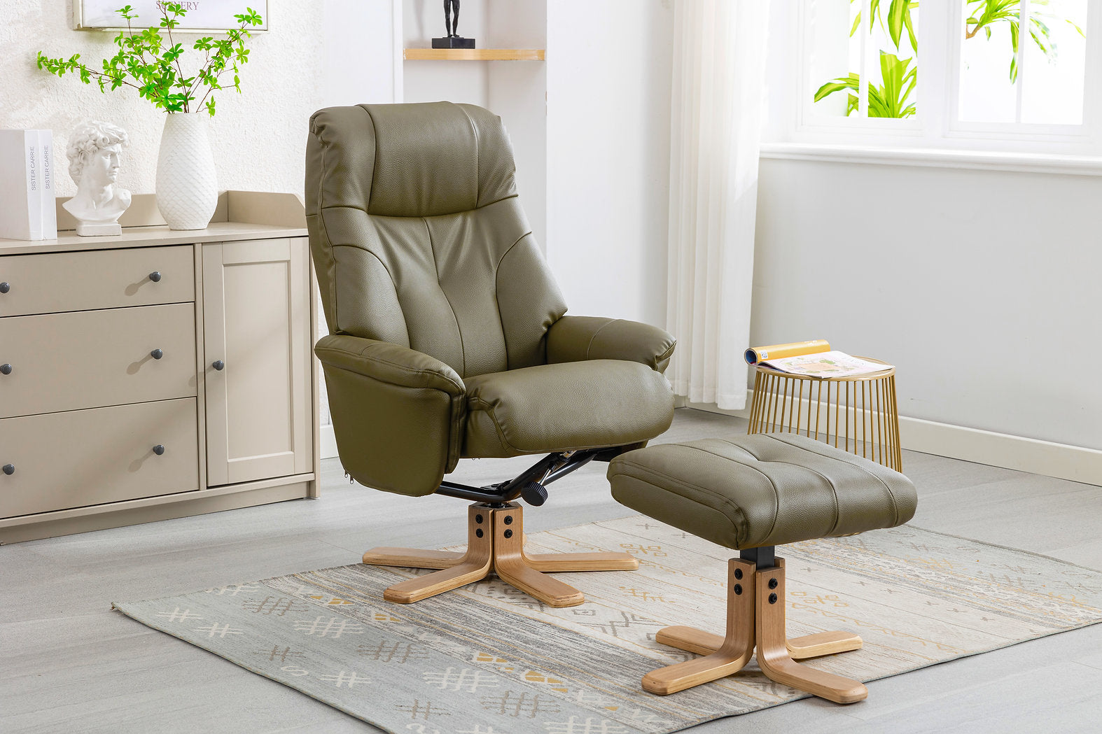 Dubai swivel manual reclining accent chair & matching footstool in Plush Faux leather