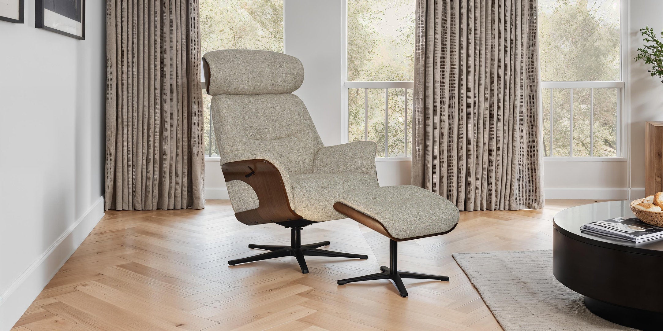 Wren swivel manual reclining accent chair & matching footstool in plush fabric & walnut sides