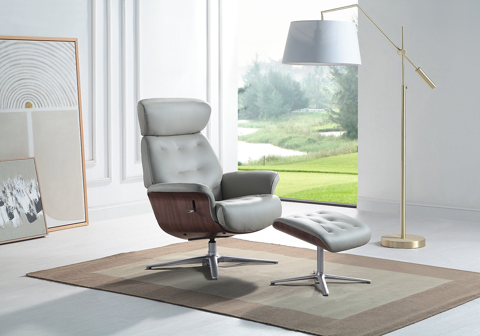 Nordic swivel manual reclining accent chair & matching footstool in plush leather