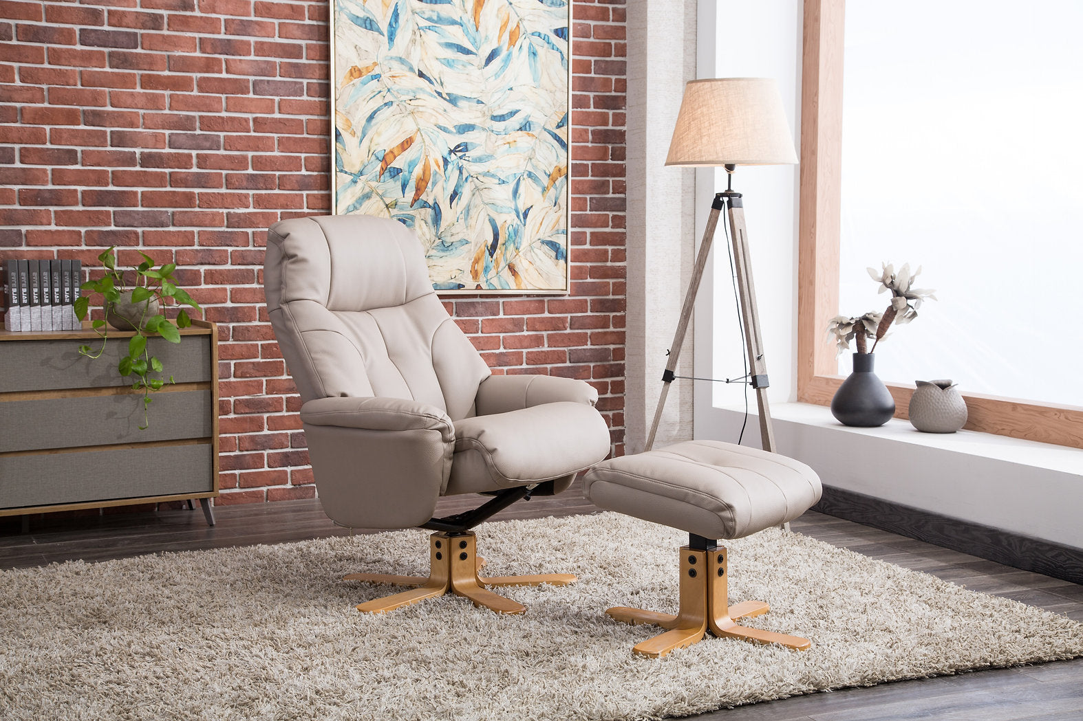 Dubai swivel manual reclining accent chair & matching footstool in Plush Faux leather