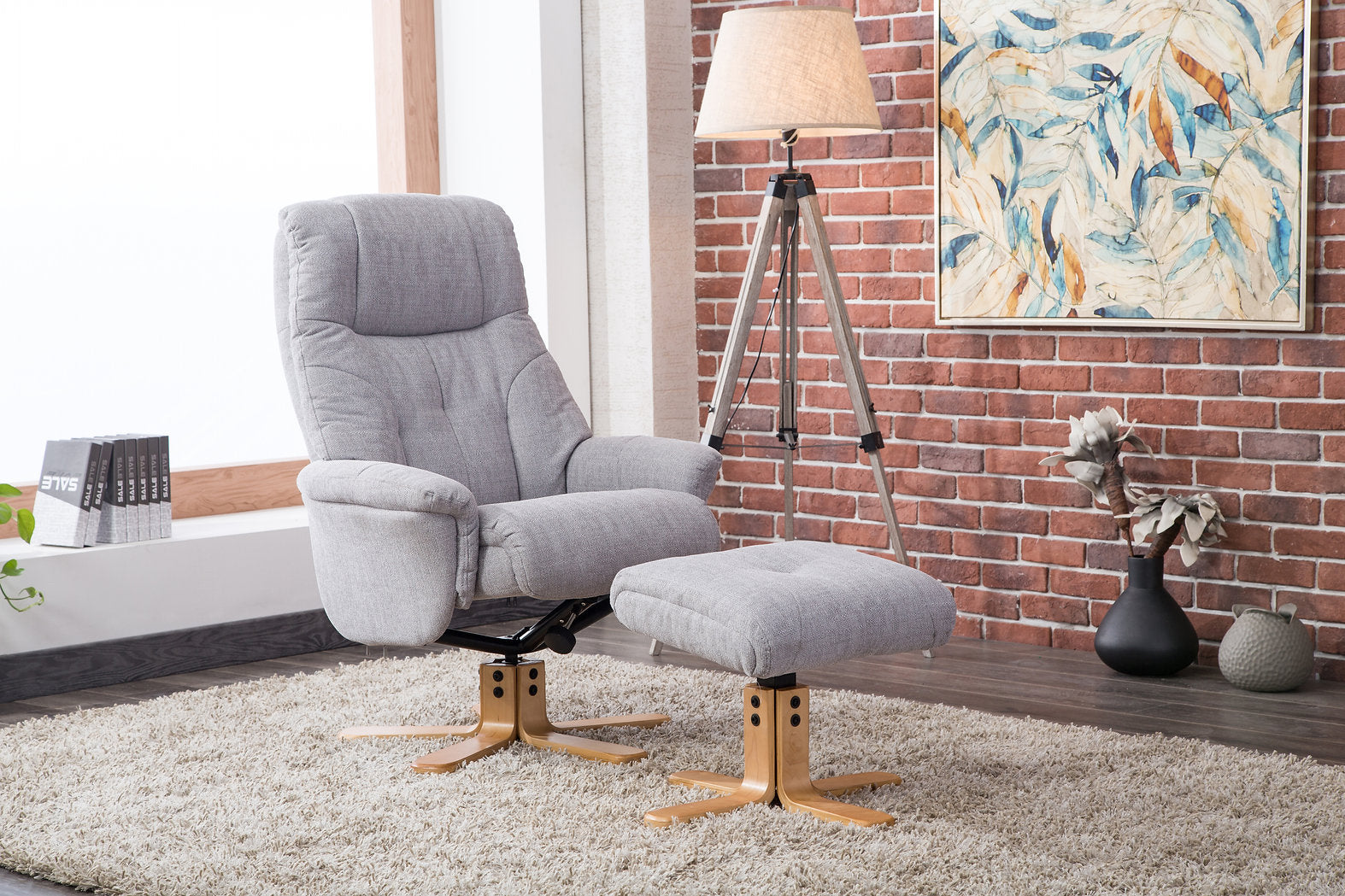 Dubai swivel manual reclining accent chair & matching footstool in Lisbon textured weave fabric