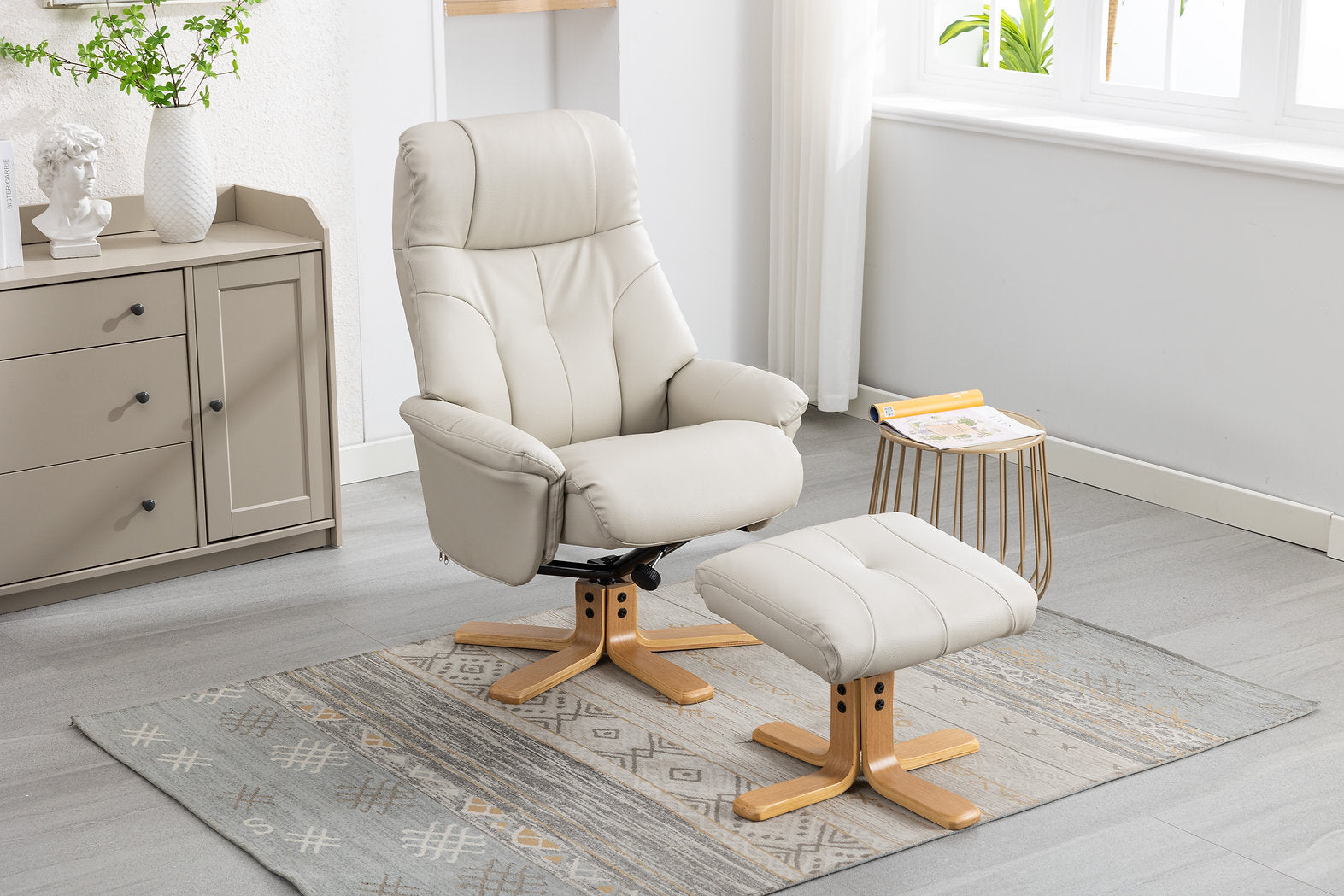 Dubai swivel manual reclining accent chair & matching footstool in Plush Faux leather