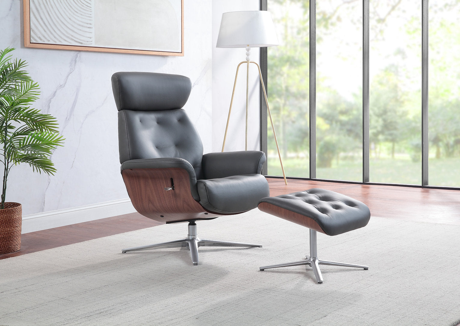 Nordic swivel manual reclining accent chair & matching footstool in plush leather