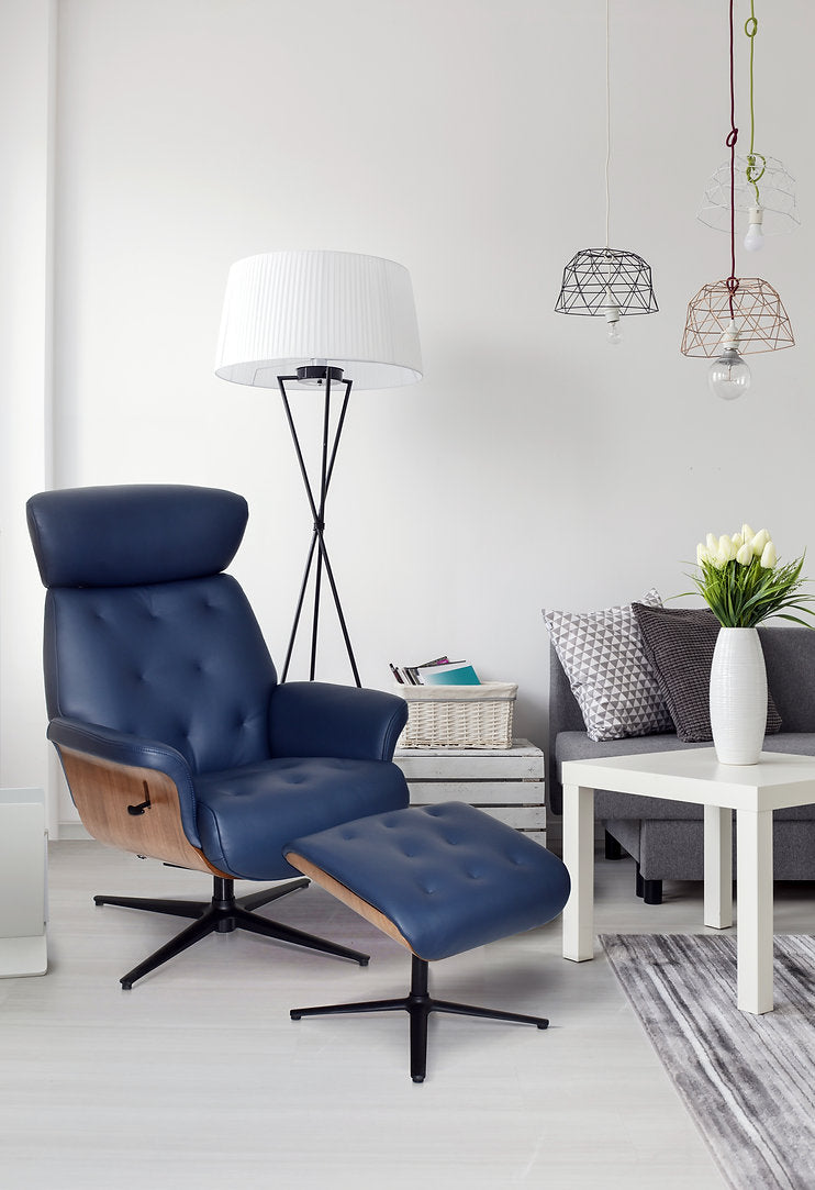 Nordic swivel manual reclining accent chair & matching footstool in plush leather