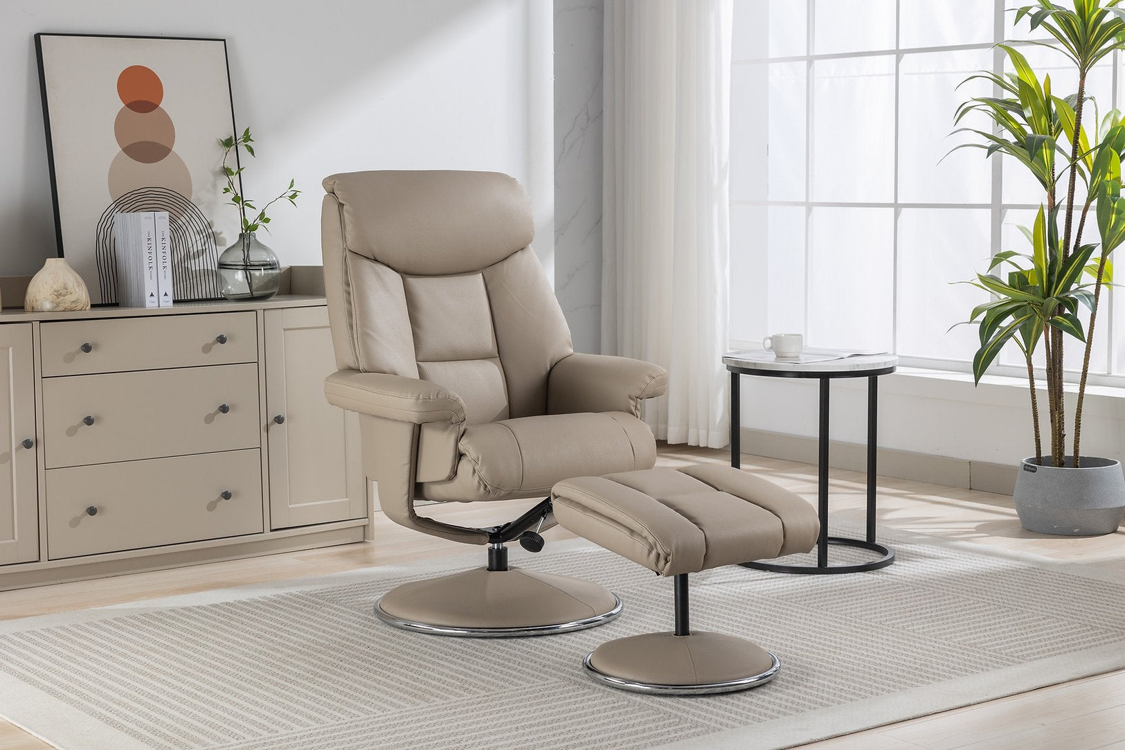 Biarritz swivel manual reclining accent chair & matching footstool in Plush Faux leather