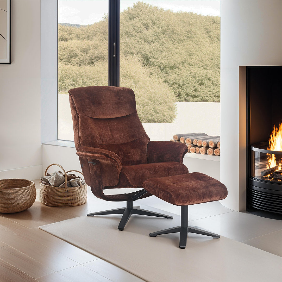 Hudson swivel manual reclining accent chair & matching footstool in plush fabric