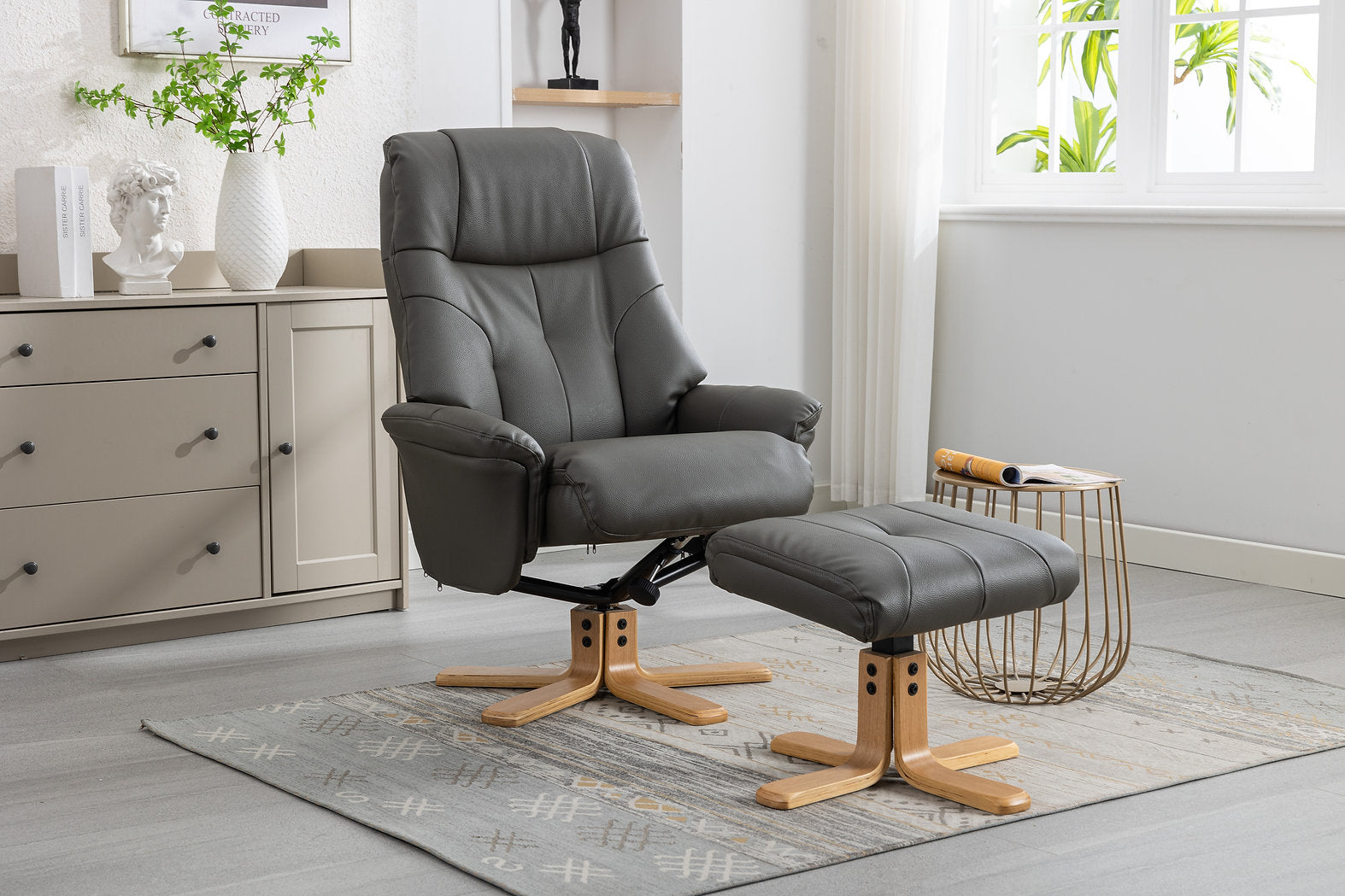 Dubai swivel manual reclining accent chair & matching footstool in Plush Faux leather
