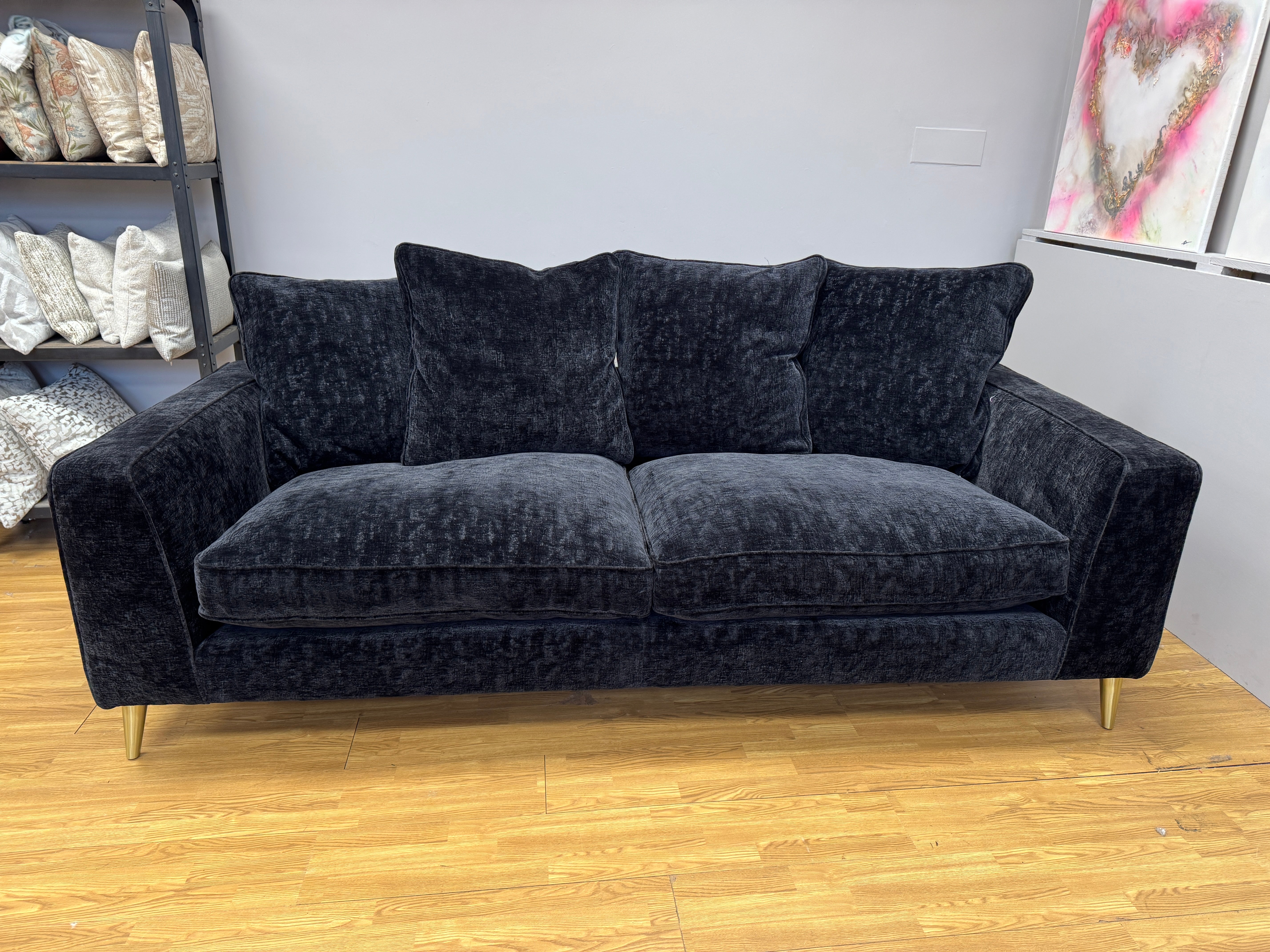 Sofology Rococo large 4 seater cushion back sofa in black chenille fabric