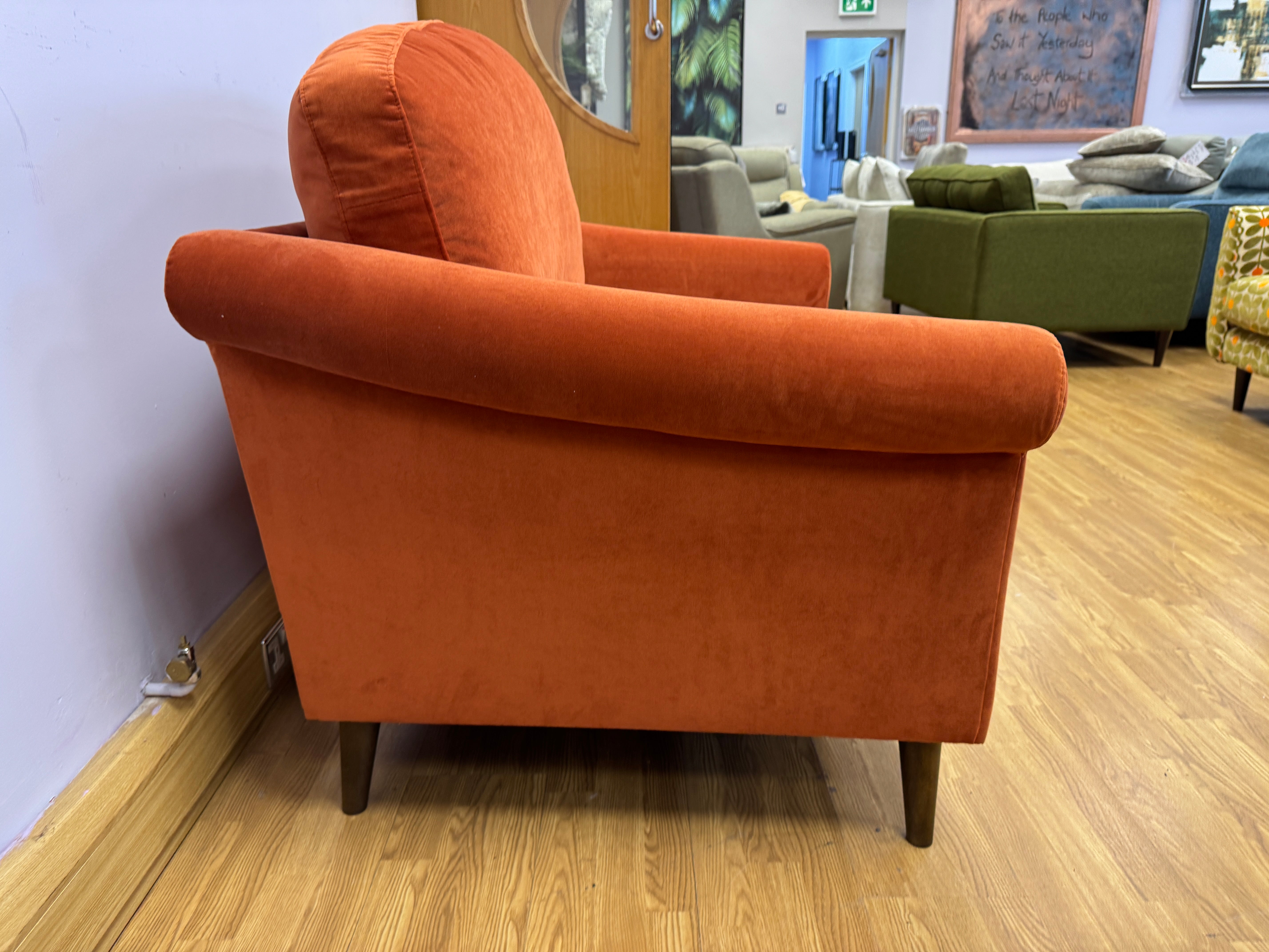 Oskar large loveseat in plush Marmalade orange velvet fabric