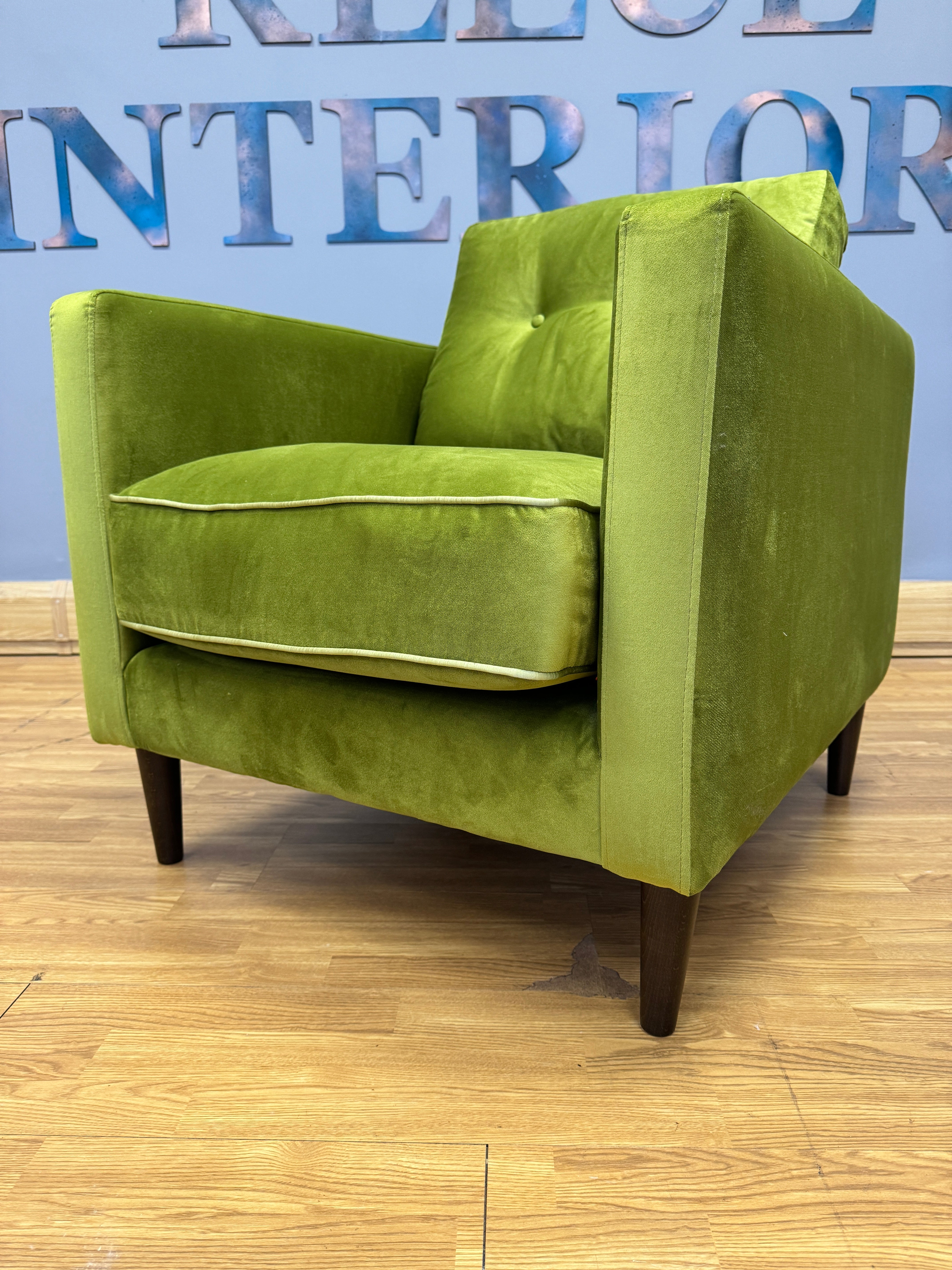 Orla Kiely Sample accent chair in lime green velvet fabric RRP £999