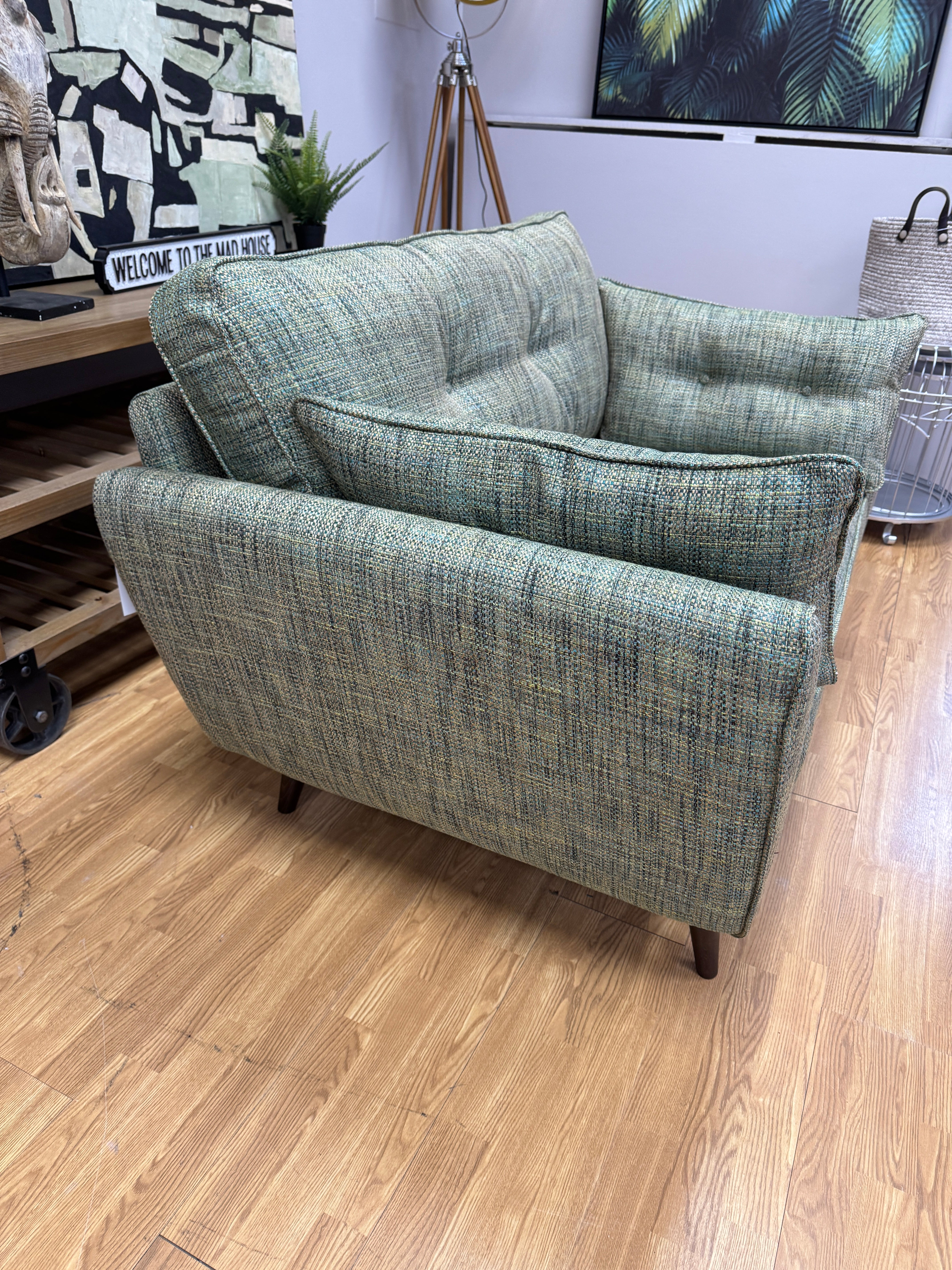 Zinc loveseat in Molten Fern green mix weave fabric