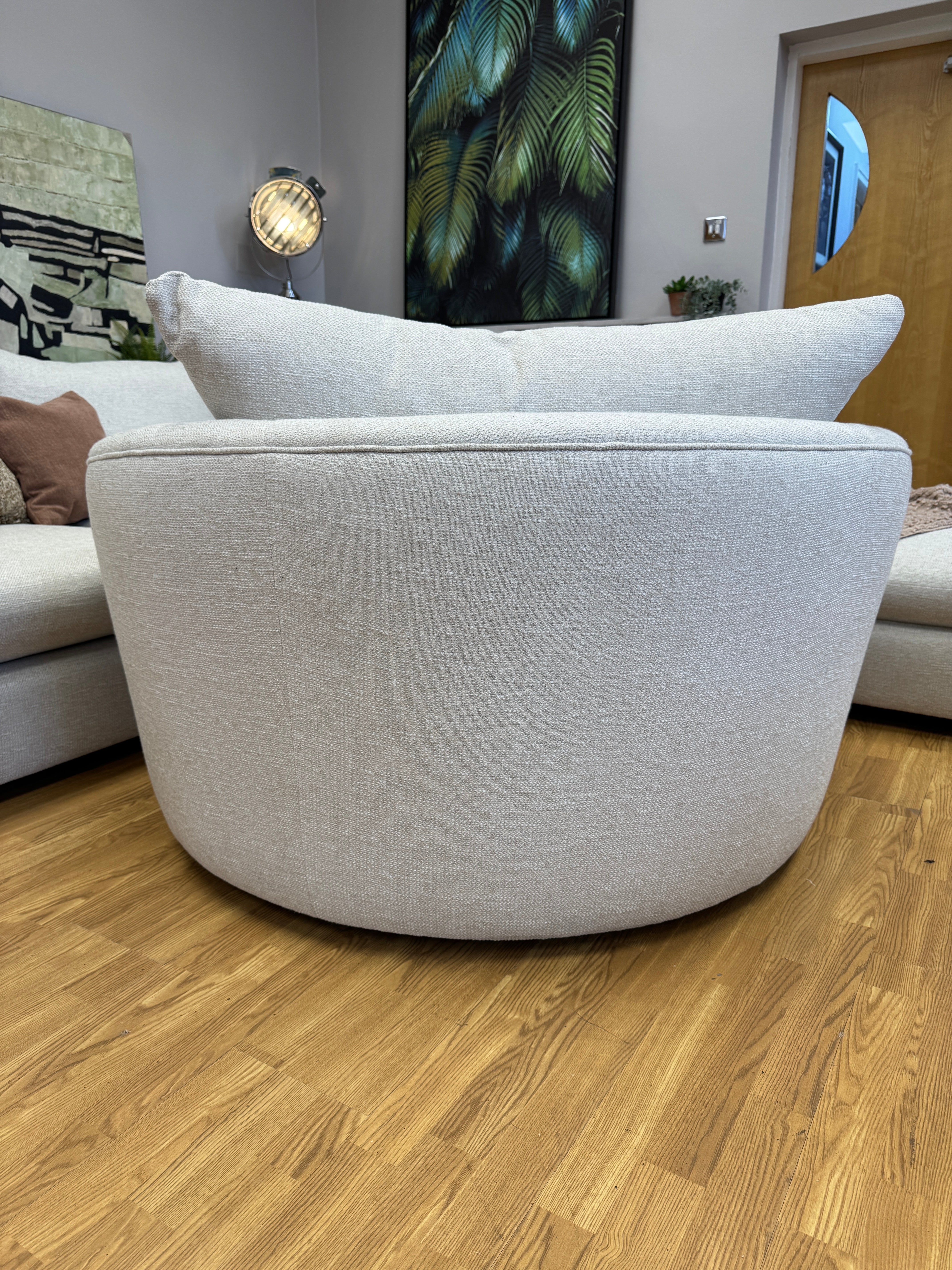 Hampton round swivel base loveseat in natural soft weave fabric