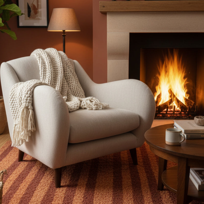 Sample fireside accent chair in Thatch house fabric