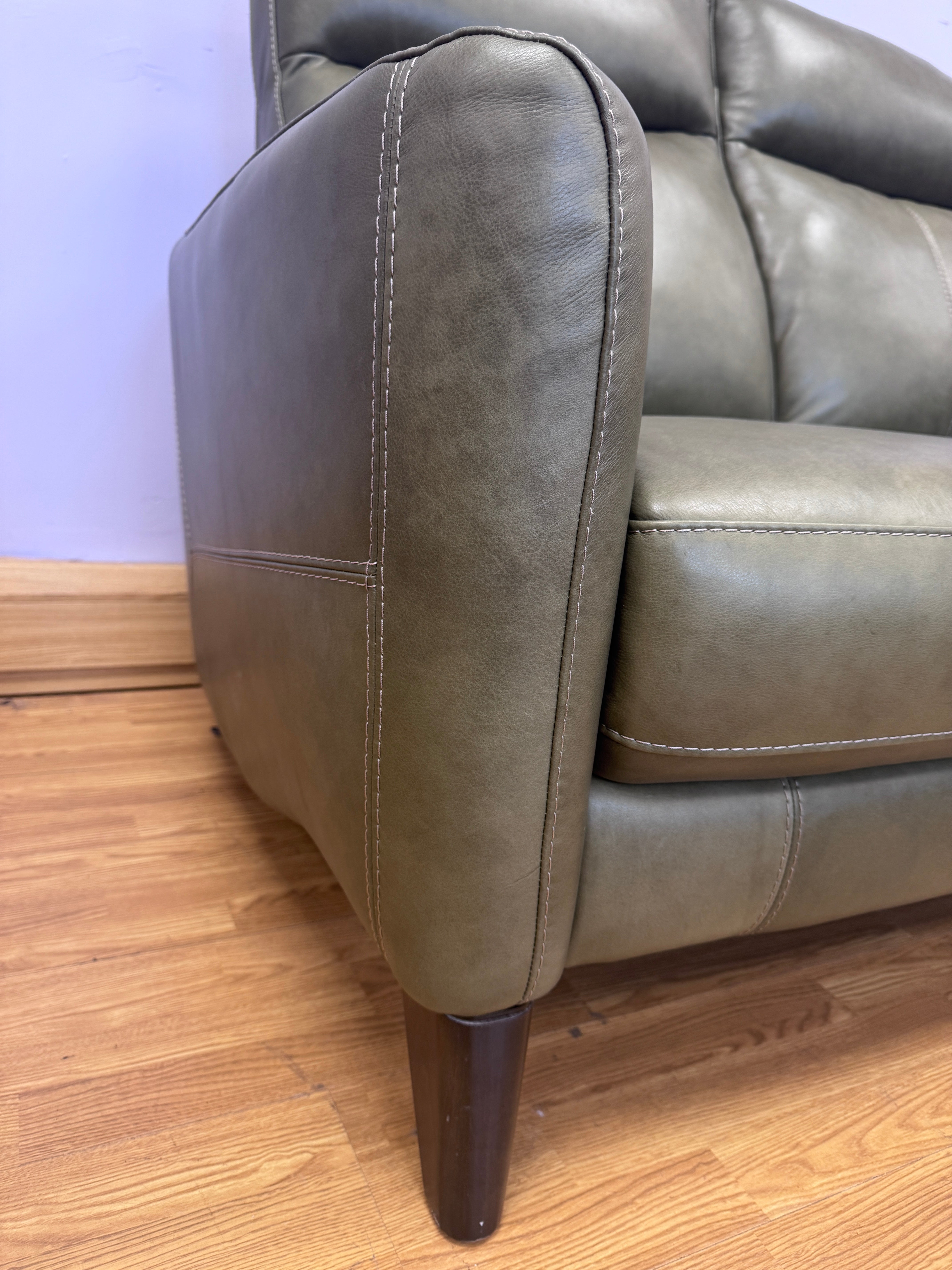 Compact Contempo petite 2 seater high back sofa in Olive green leather (pair available)