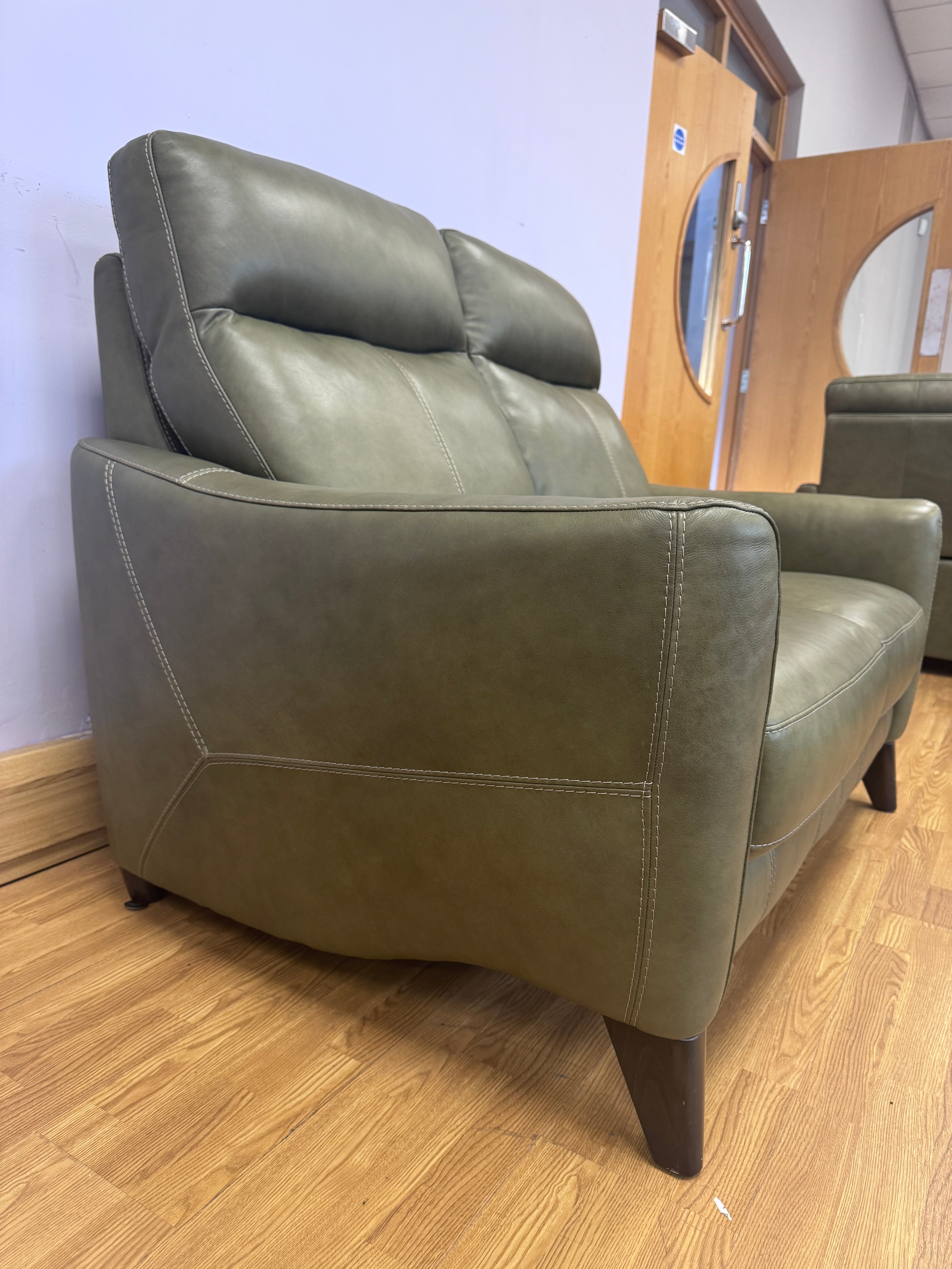 Compact Contempo petite 2 seater high back sofa in Olive green leather (pair available)