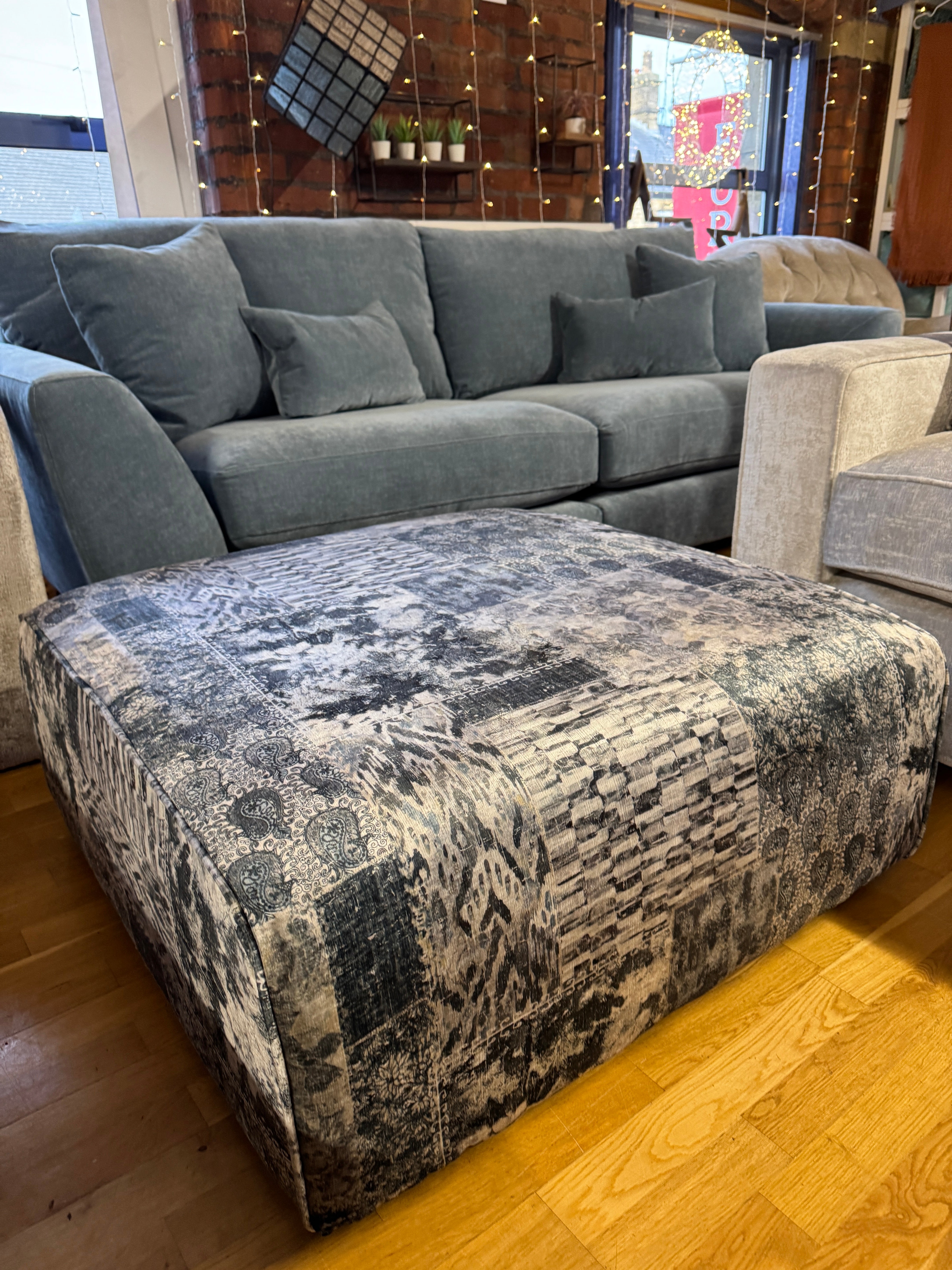 Garland large accent footstool in Aviator steel fabric