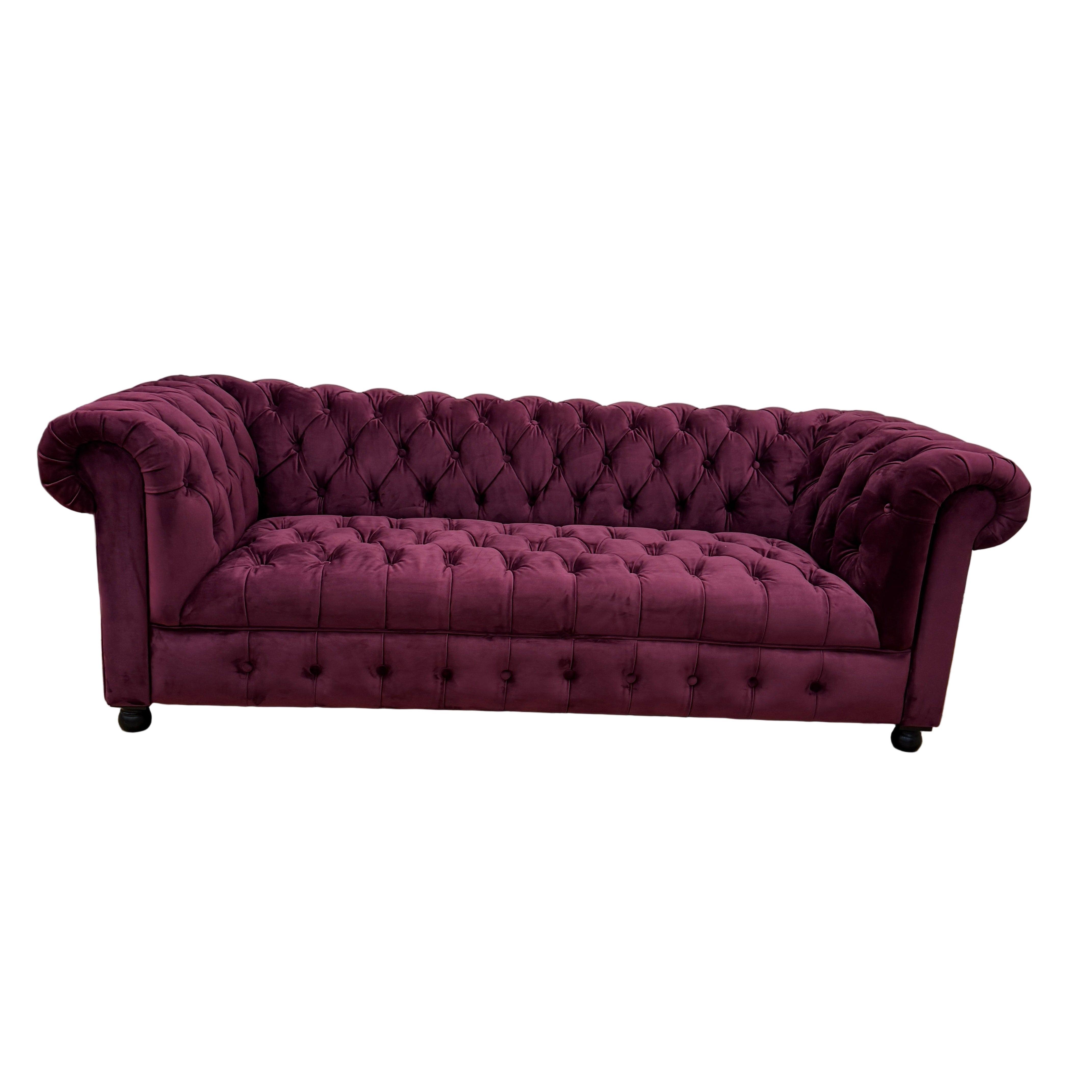 Timothy Oulton Westminster button 2.5 seater Chesterfield sofa in Ruby Purple velvet