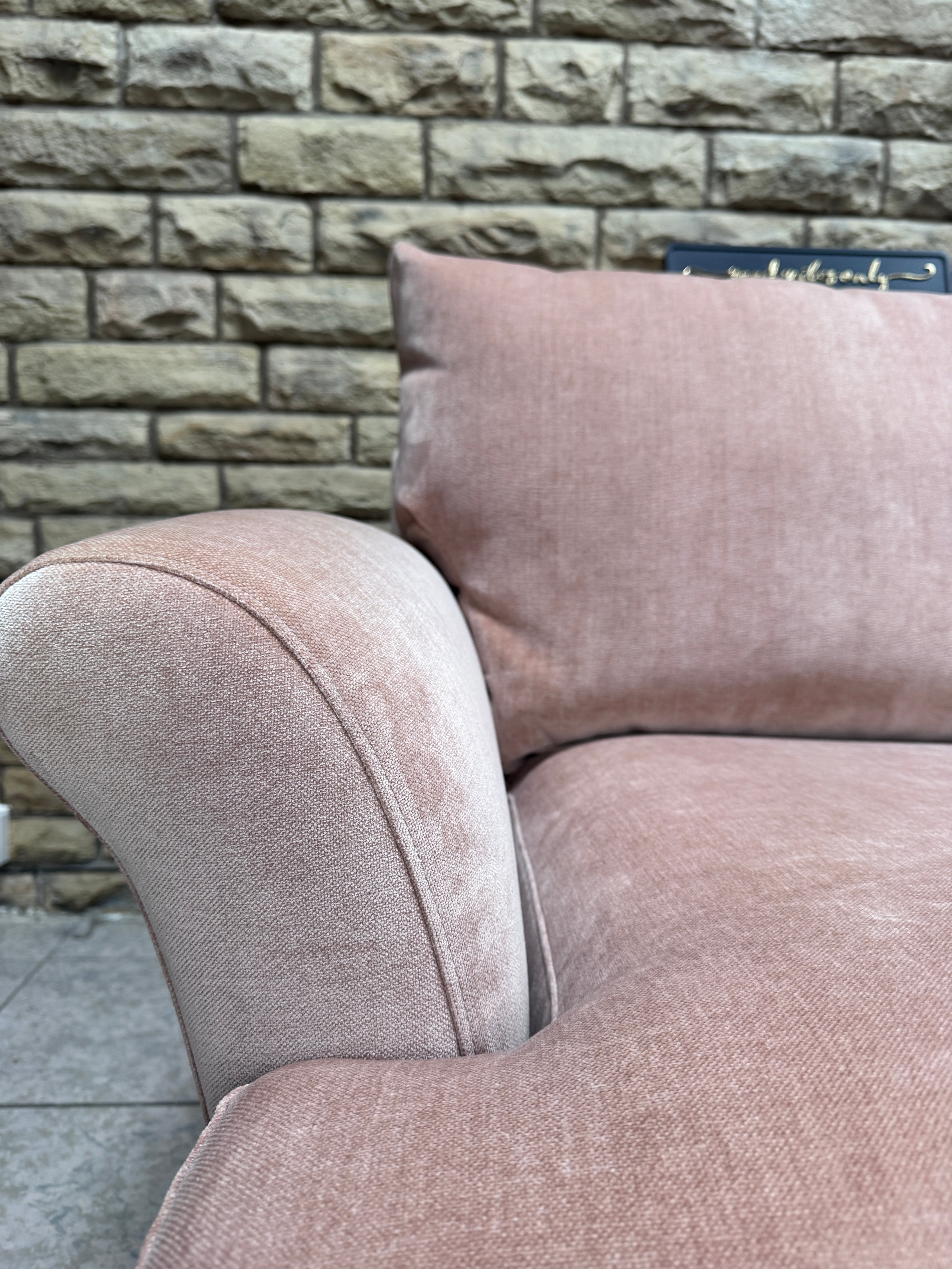 Iris loveseat with round arms in blush pink moleskin fabric