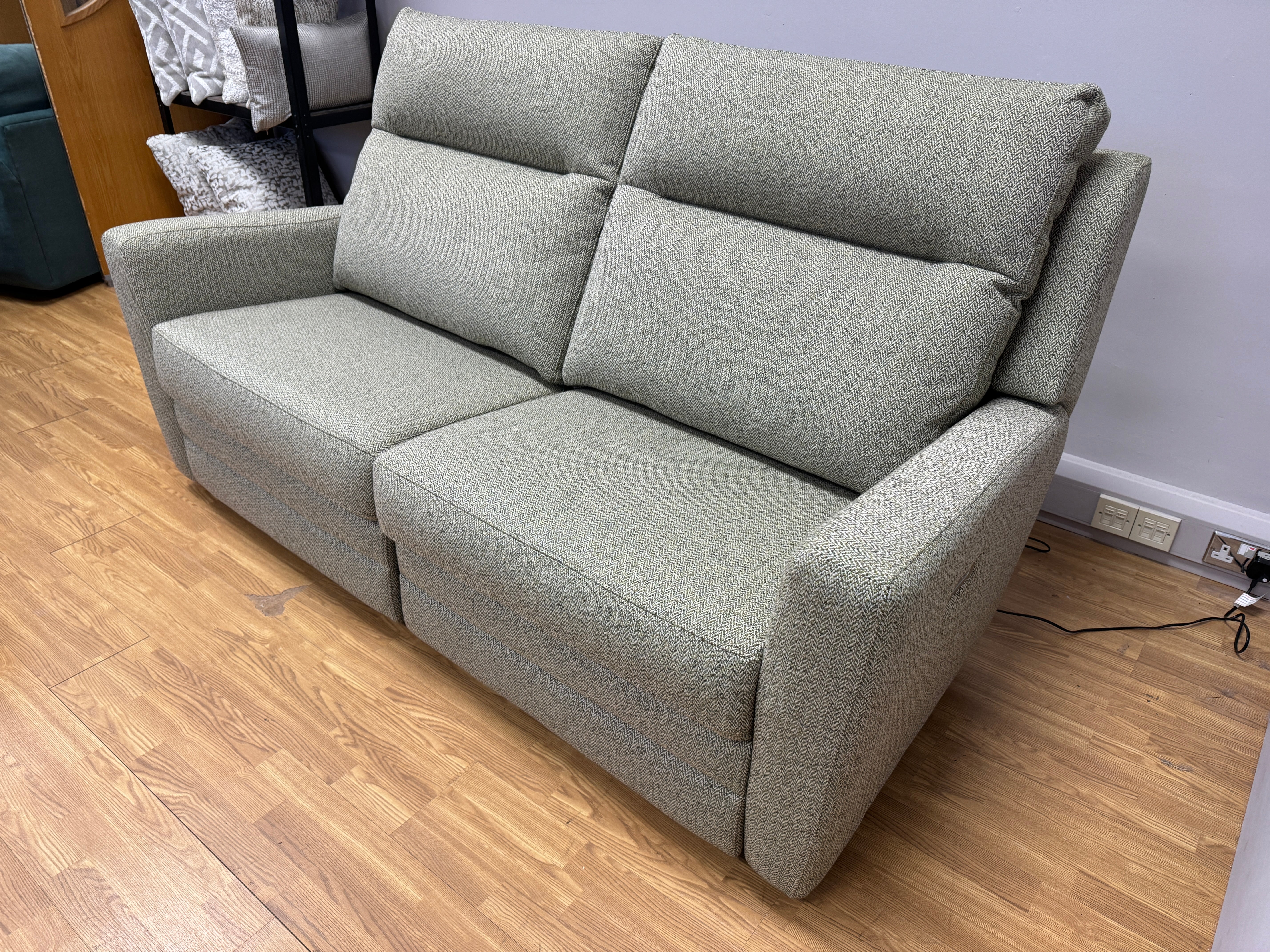 Parker Knoll Chicago large 2 seater electric reclining with lumbar support sofa in Contour green herringbone fabric