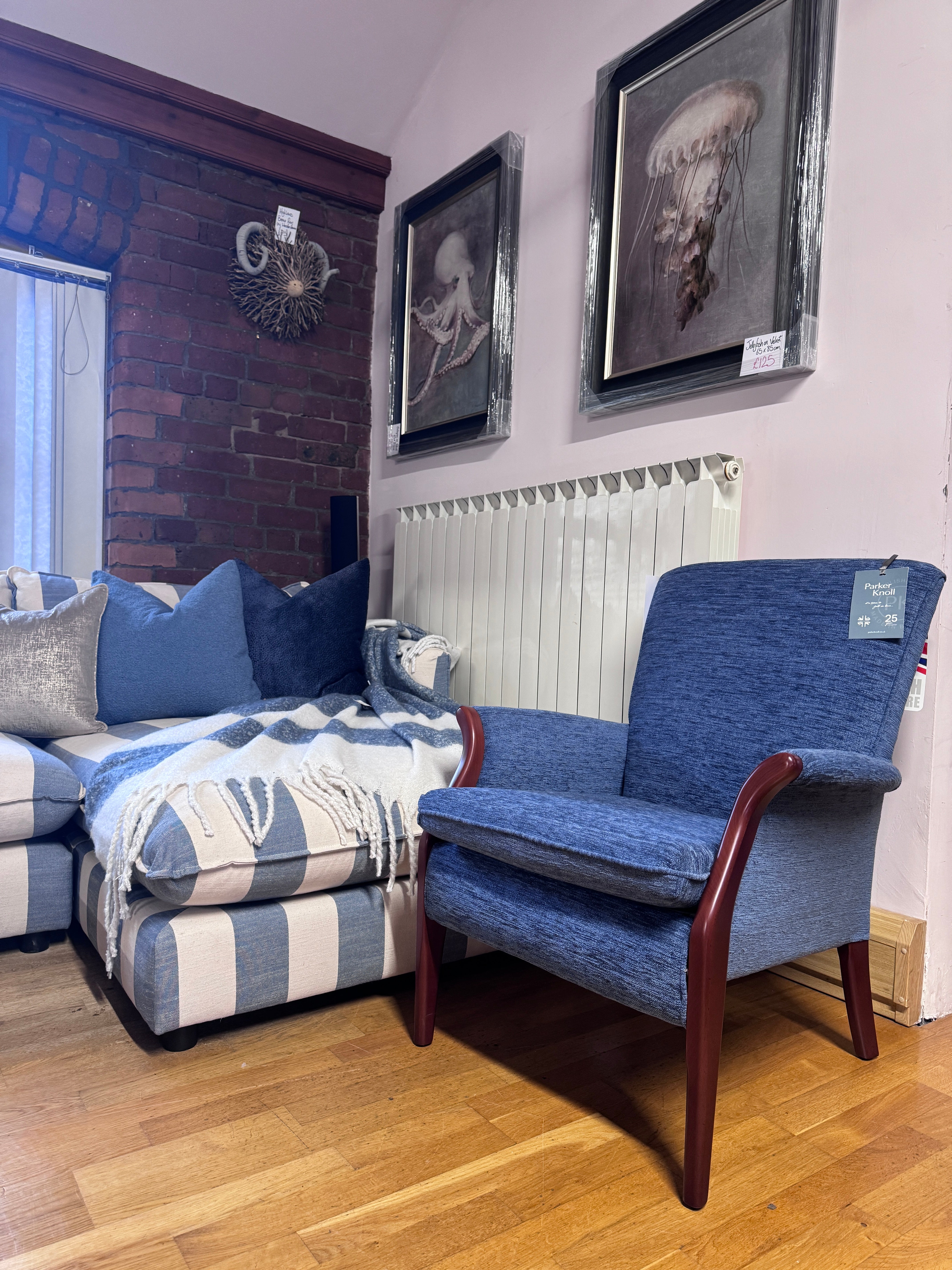 Parker Knoll Froxfield fireside chair in marine blue fabric with cherry wood frame