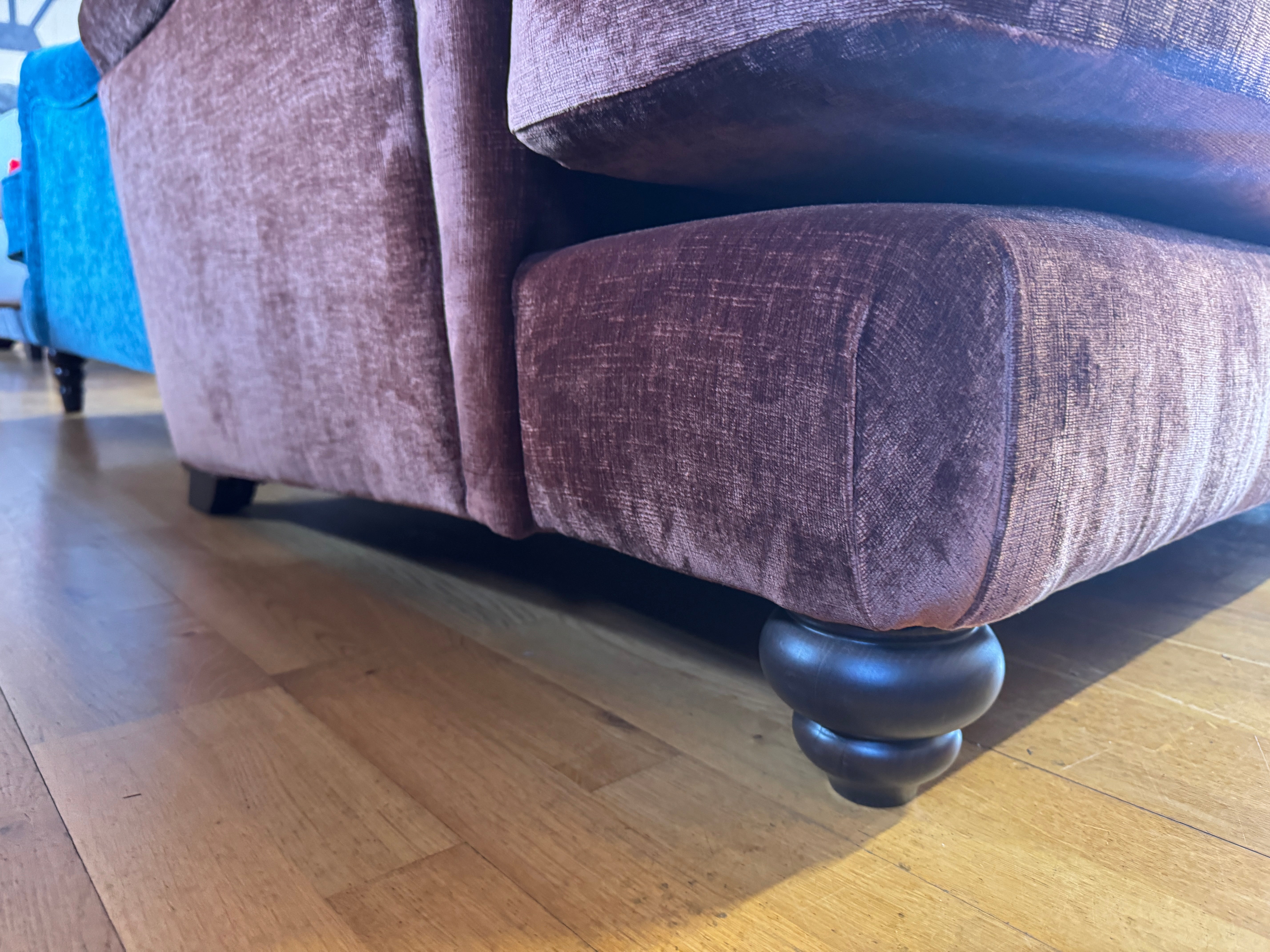 Derry button back loveseat in Dion Brandy velvet fabric