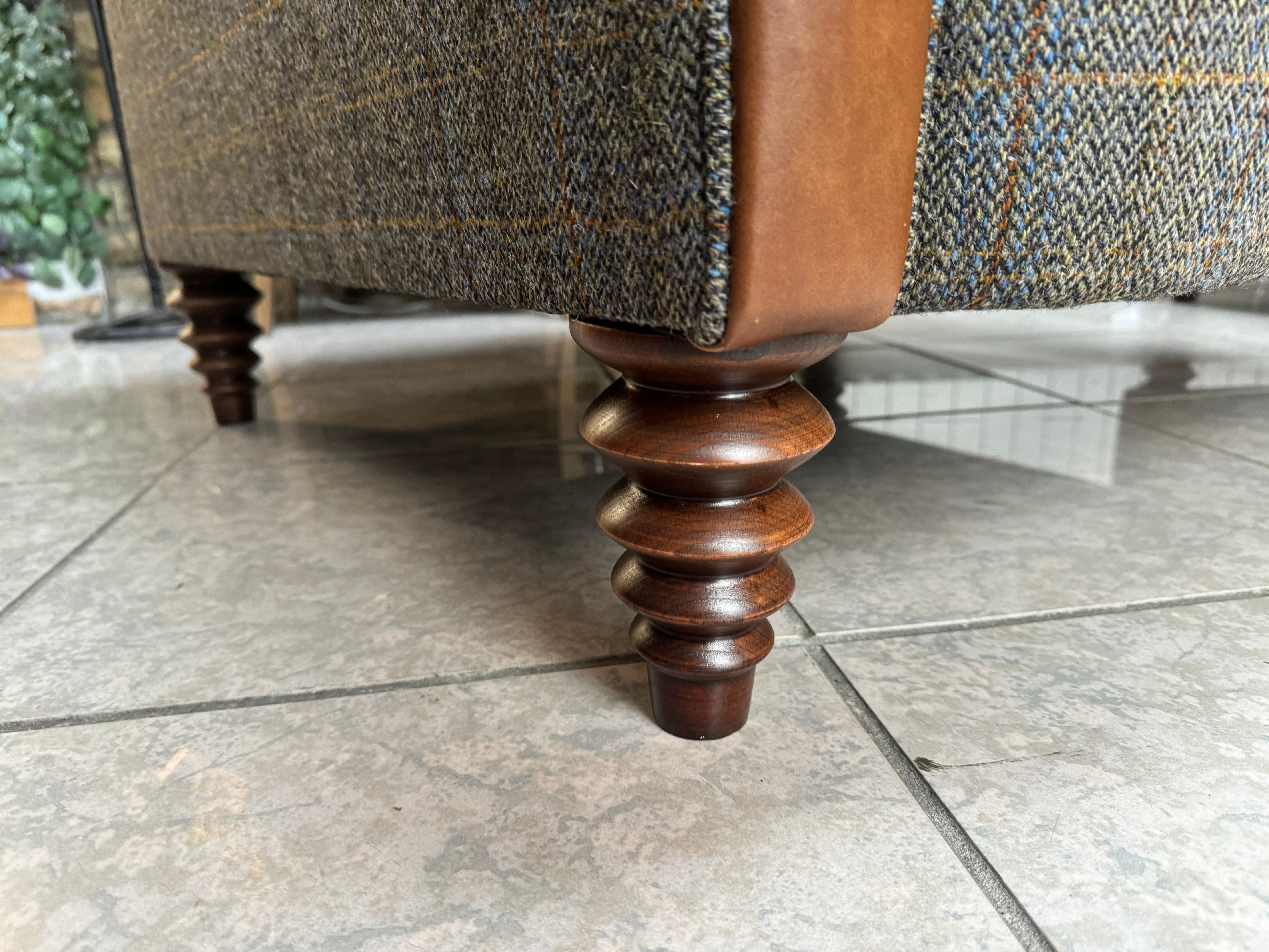 PLANTATION large Buttoned Back Armchair in Antique Whiskey Brown Leather & Harris Tweed fabric